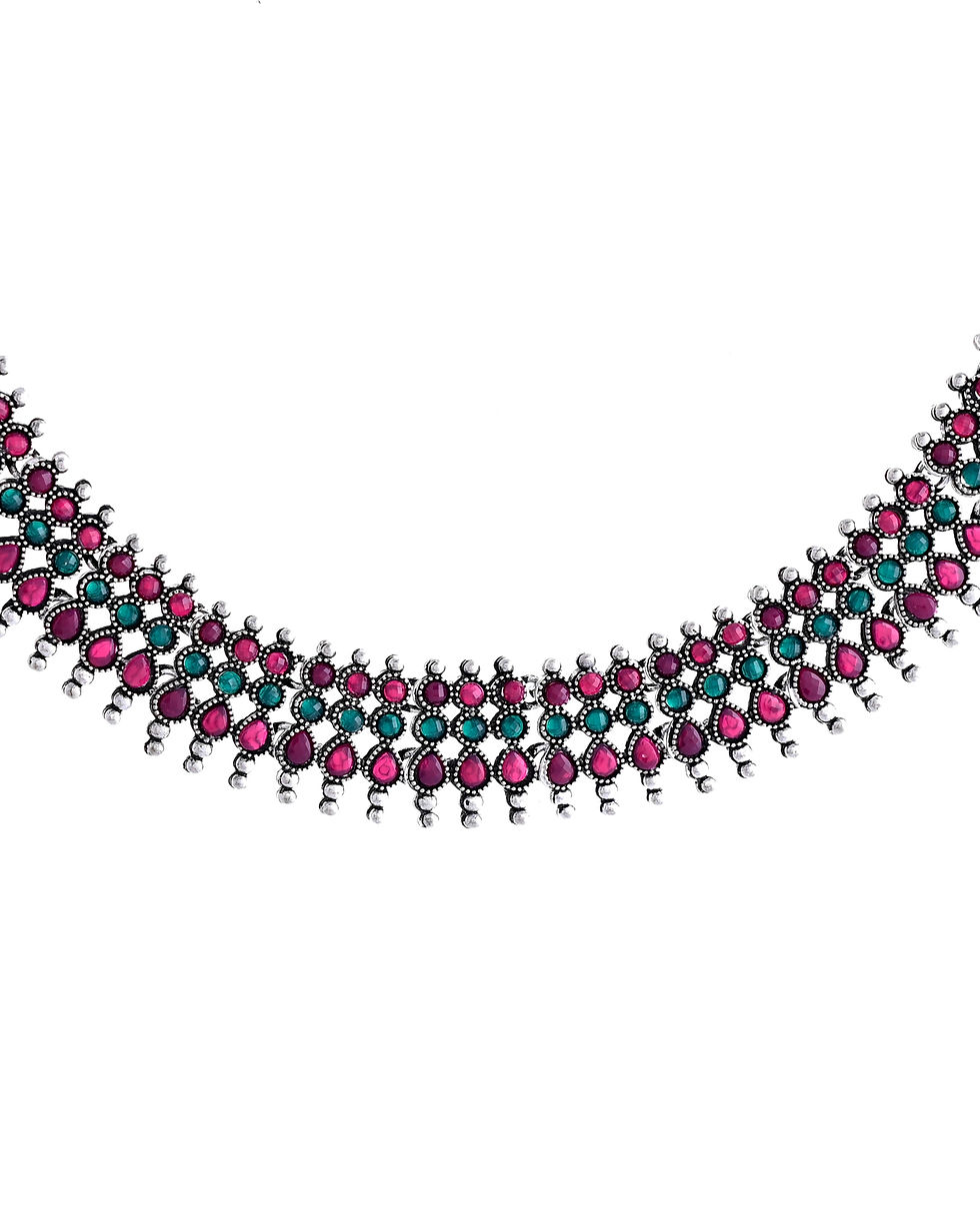 Thumbnail: Silver Plated Oxidized Multi Color Stone Choker With Earrings Set