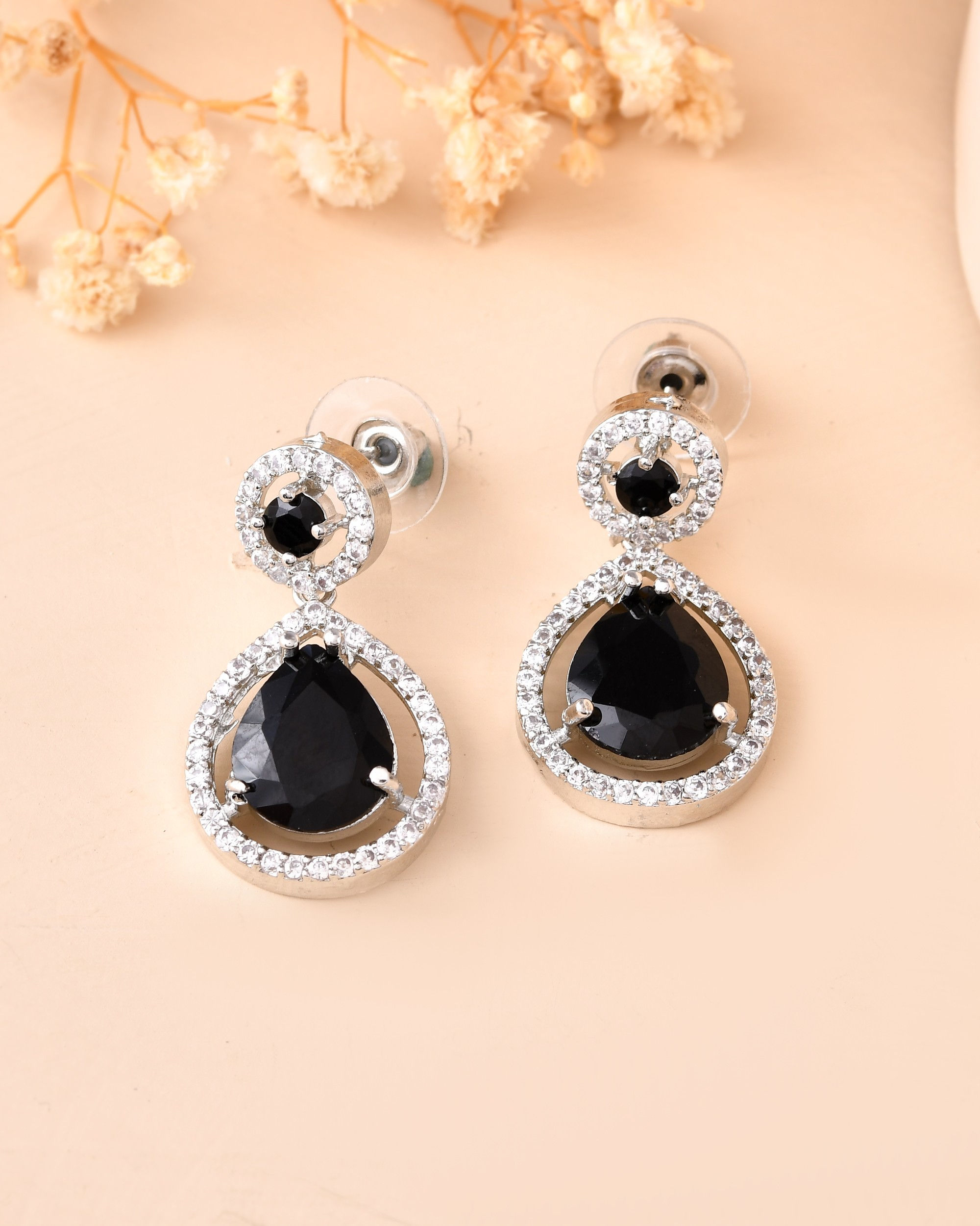 Silver Plated Black Stone Studded Teardrop Shaped Earrings