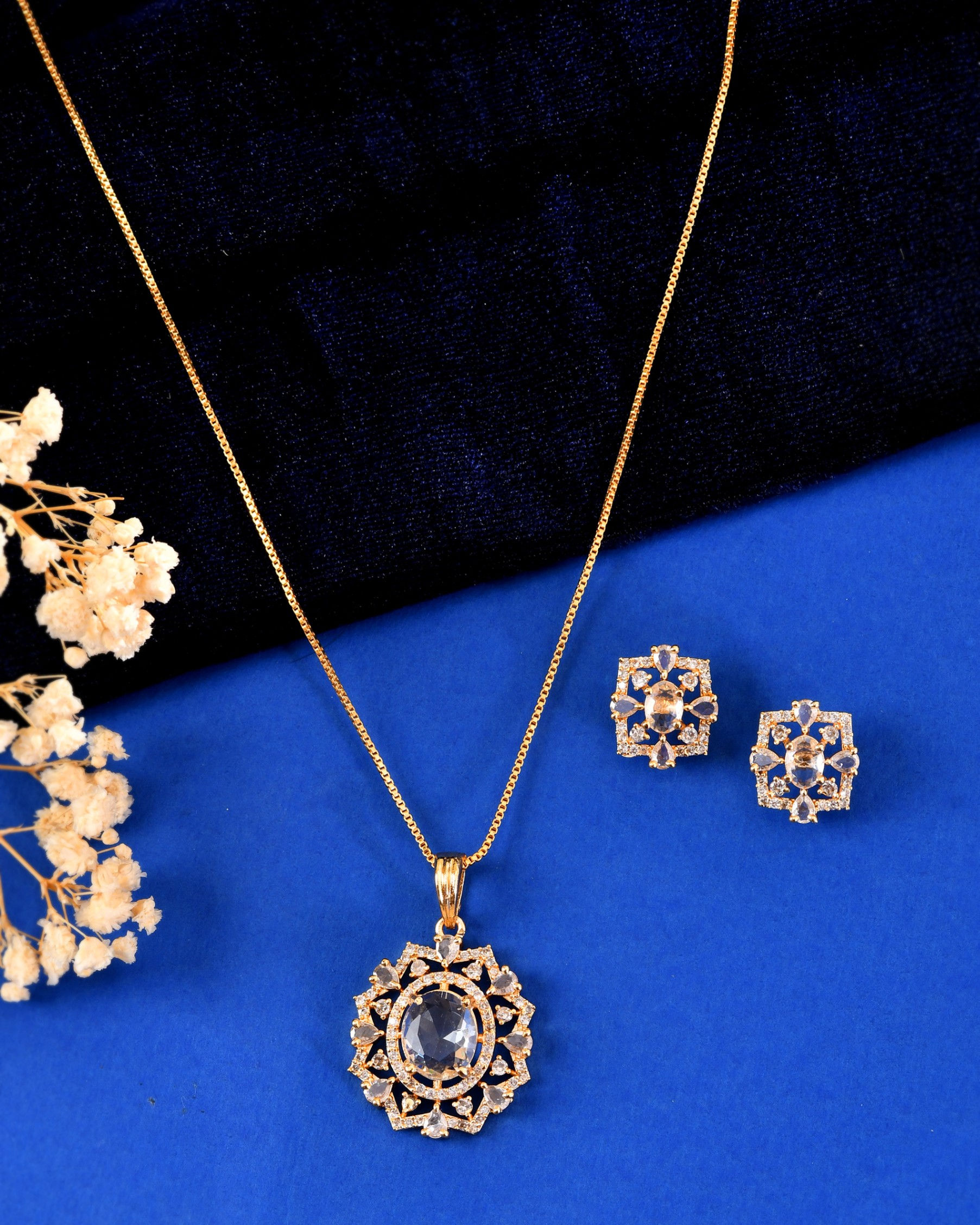 Gold Toned Circular Shaped Designer CZ Stone Studded Chain Set