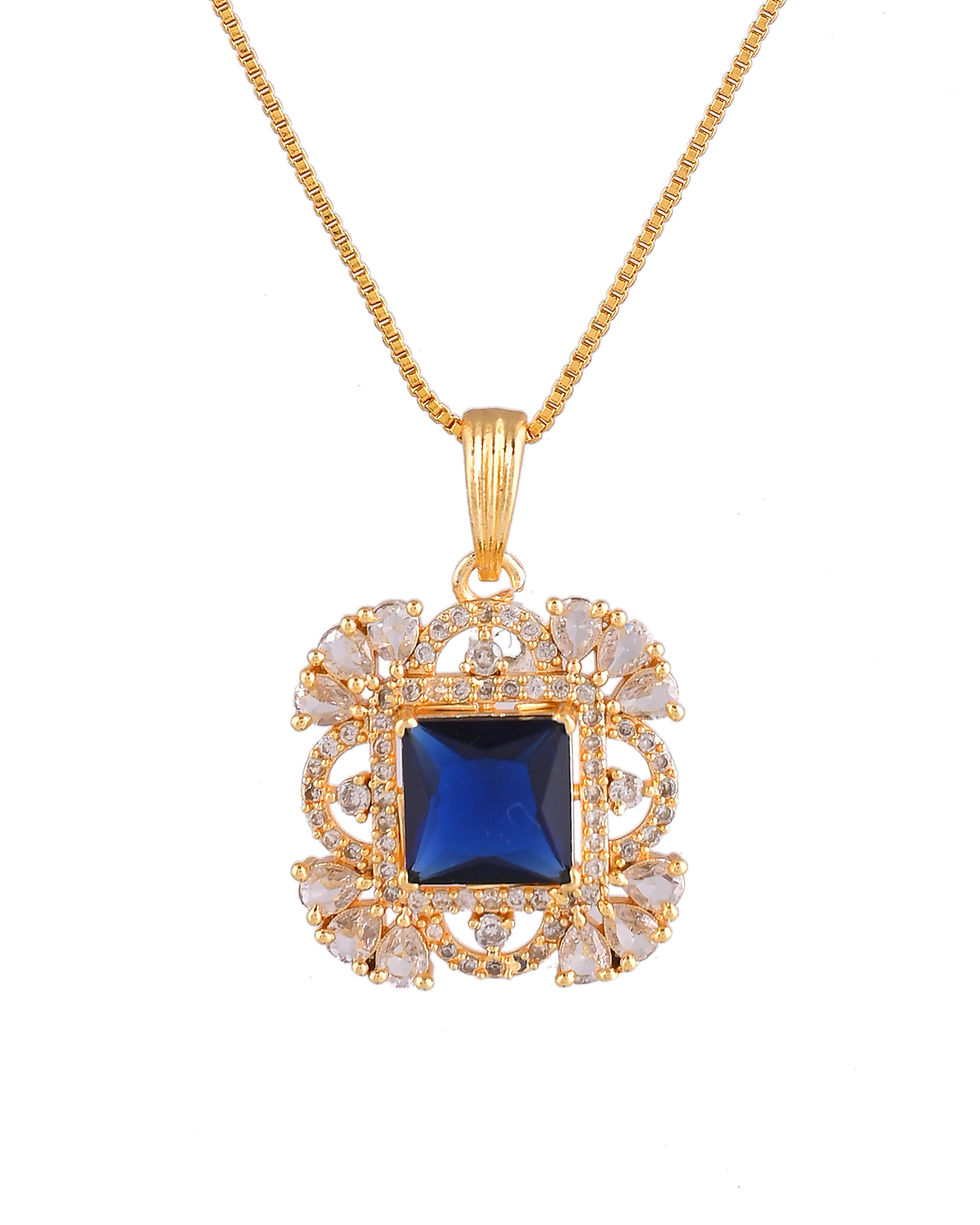 Thumbnail: Gold Plated Blue Square Shaped Stone Studded AD Chain Set