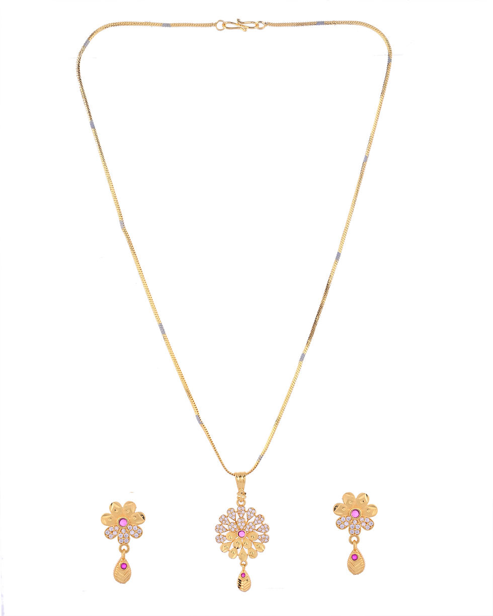 Thumbnail: Gold Plated Floral Shaped AD Stone Studded Chain Set