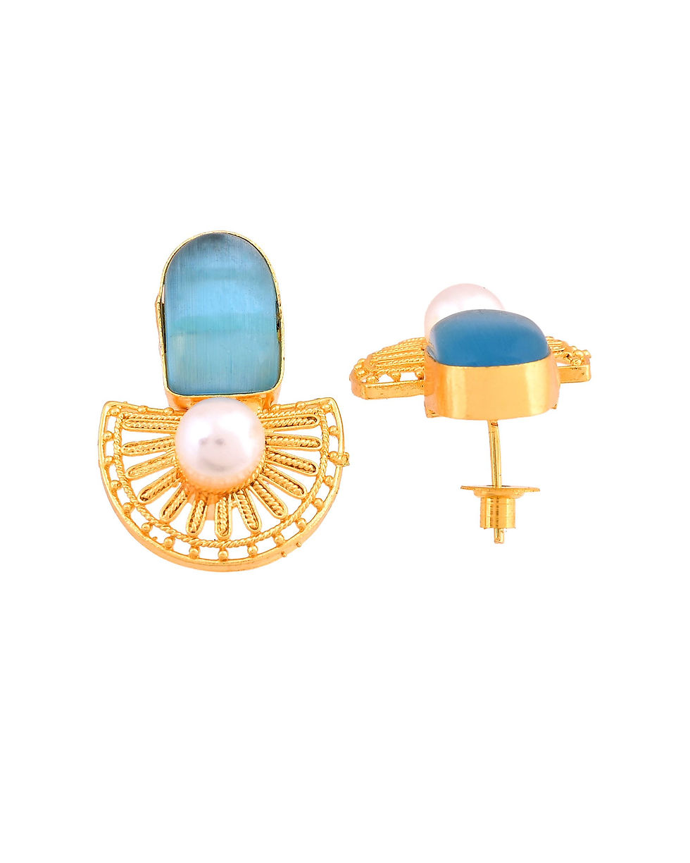 Thumbnail: Gold Plated Sky Blue Stone And Pearl Dome Shaped Studs Earrings