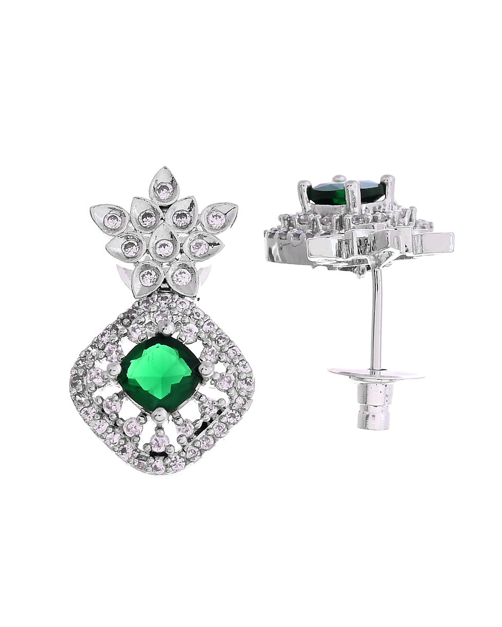 Thumbnail: Silver Plated Green Square Stone Studded Jewellery Set