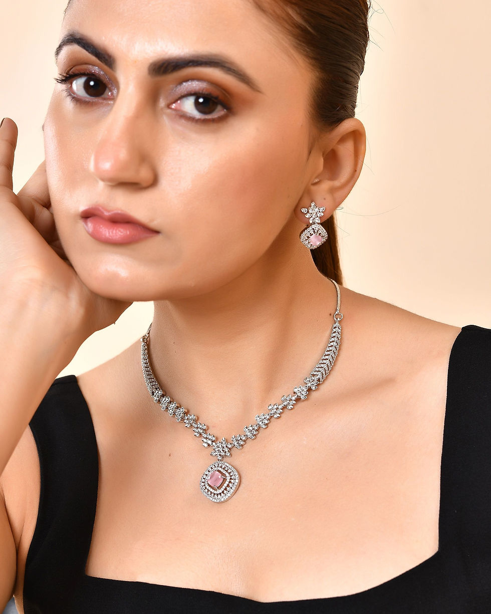Thumbnail: Silver Plated Baby Pink Square Stone Studded Jewellery Set