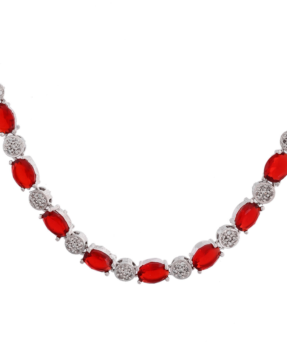 Thumbnail: Silver Plated Red Stone Studded Necklace With Earrings, Ring And Bracelet Set