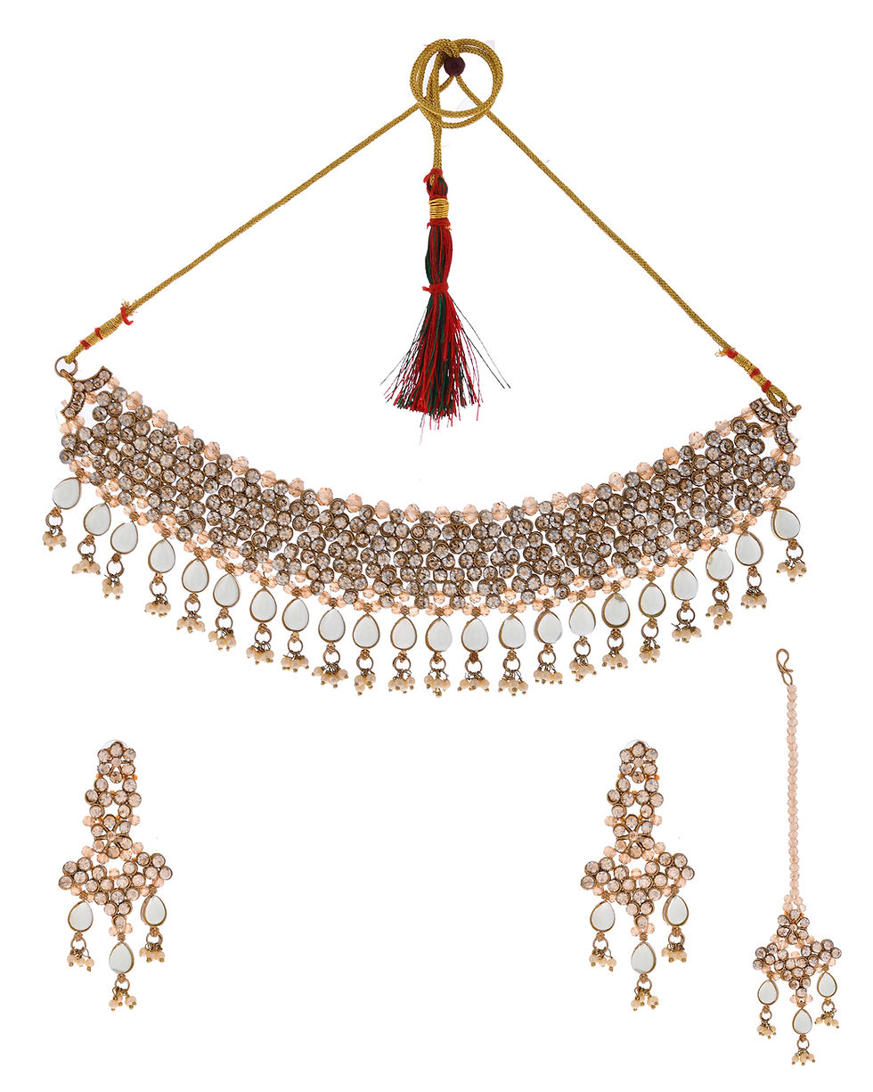 Thumbnail: Gold And Sea Green Stone Studded Classic Chaker Set
