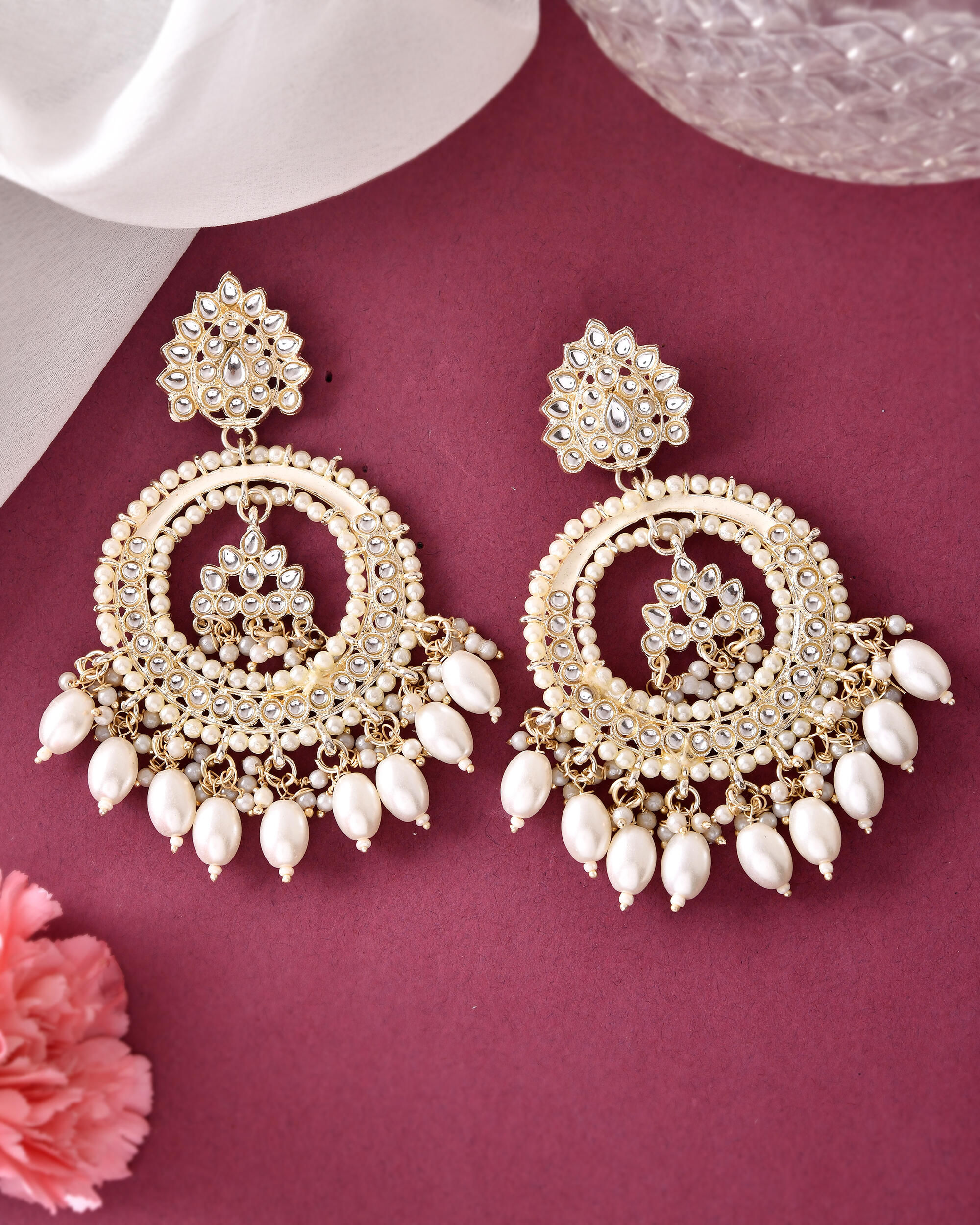 Gold Plated Kundan Studded White ChandBali Earrings