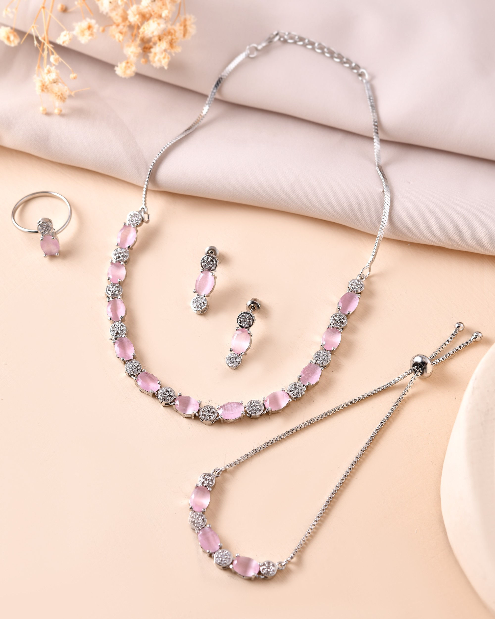 Silver Plated Baby Pink Stone Studded Necklace With Earrings, Ring And Bracelet