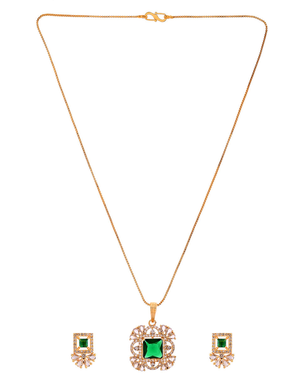 Thumbnail: Gold Plated Green Square Shaped Stone Studded AD Chain Set
