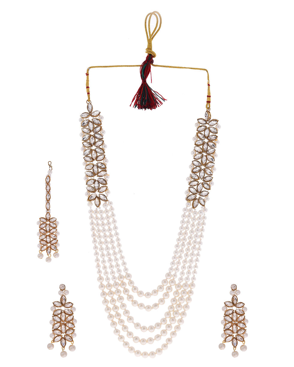 Thumbnail: Pearl And Kundan Studded Long Necklace with Earrings And Maang Tikka Set
