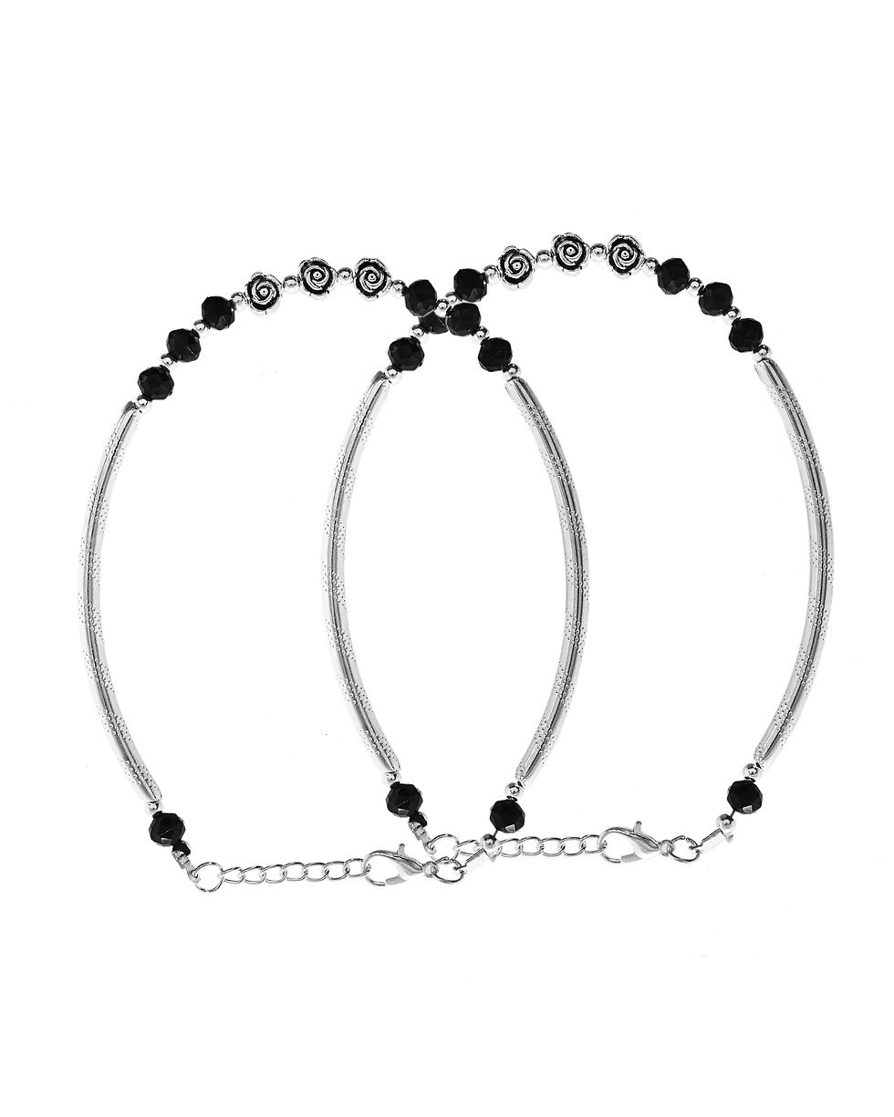 Thumbnail: Set of 2 Silver Plated Black Artificial Beads Studded Anklet