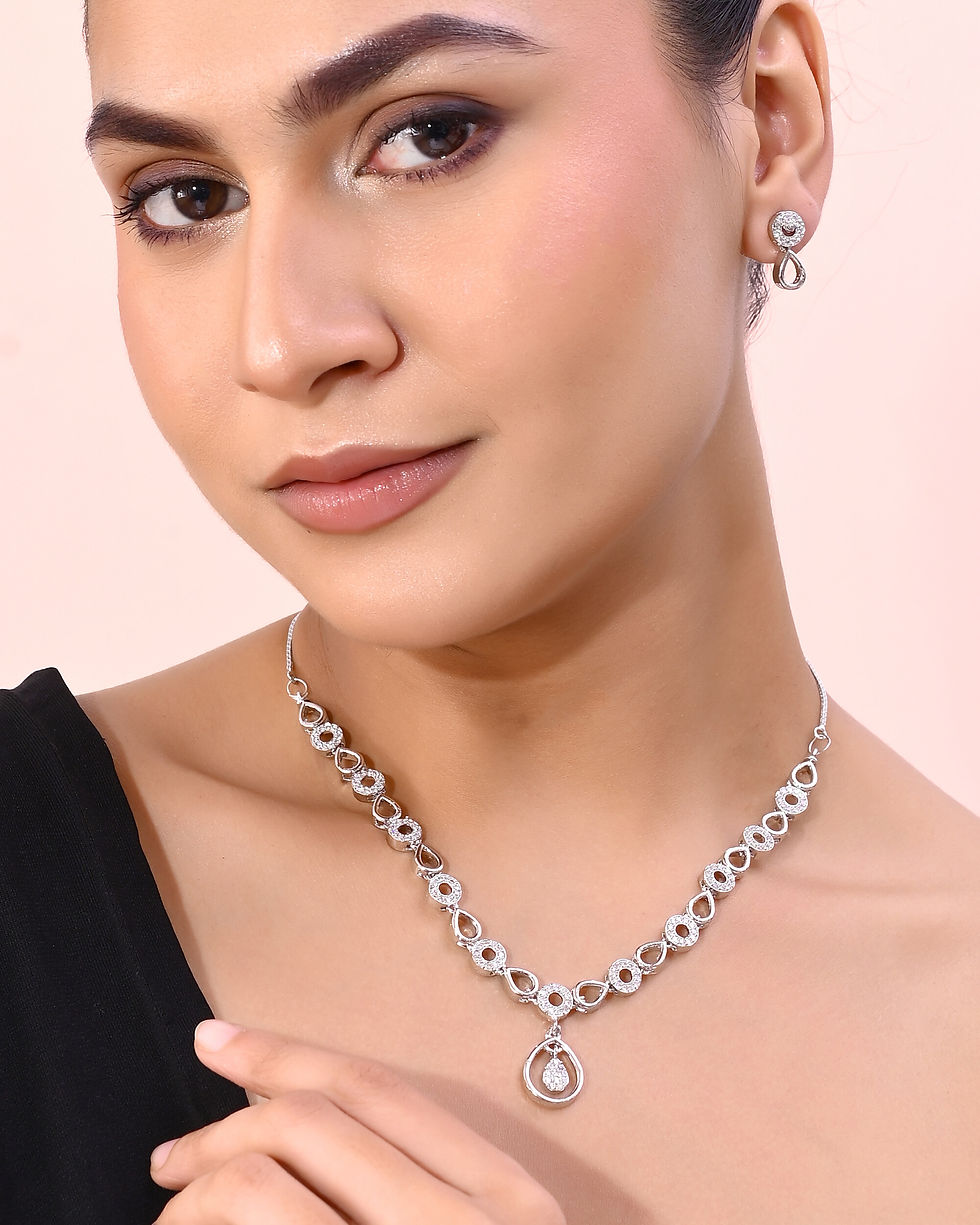 Thumbnail: Silver-Plated AD-Studded Designer Jewellery Set