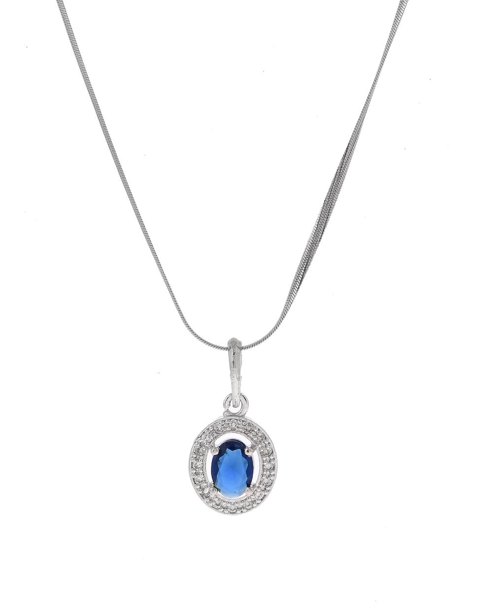 Thumbnail: Silver Plated Blue AD-Studded Pendant With Chain And Earrings Set