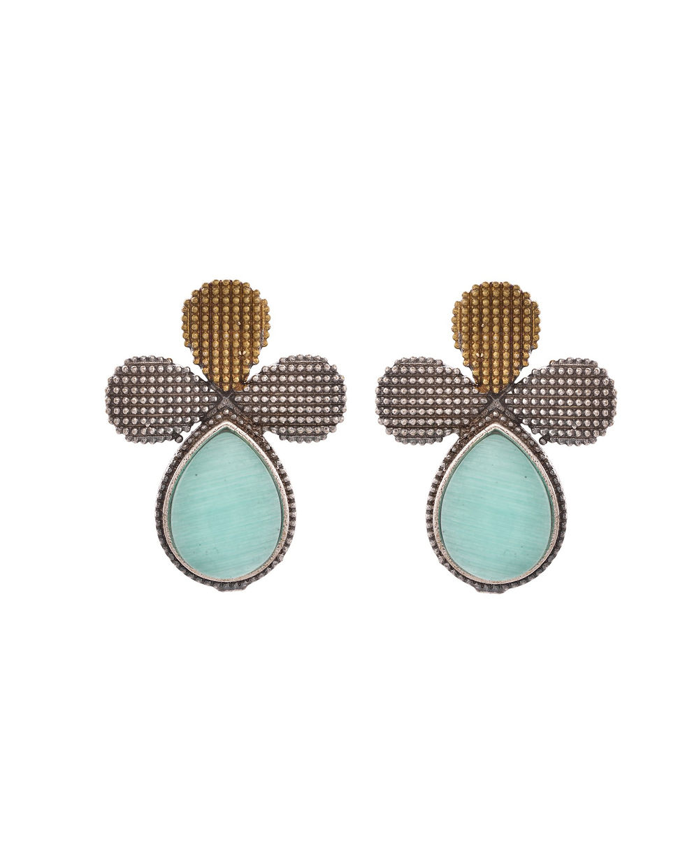 Thumbnail: Silver Toned Teal Stone Studded Elegent Earrings
