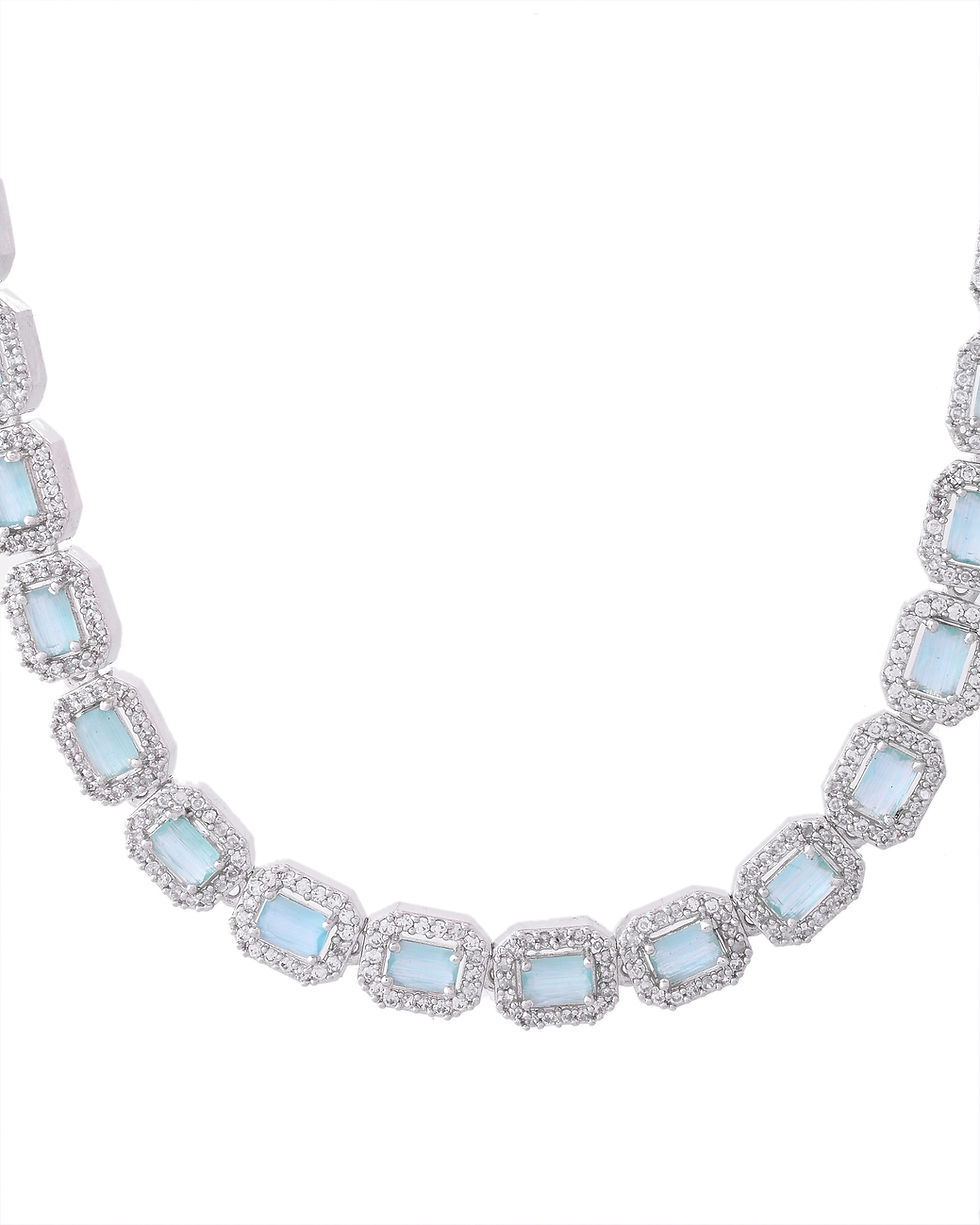 Thumbnail: Silver Plated Sea Green Stone Studded Rectangular AD Jewellery Set