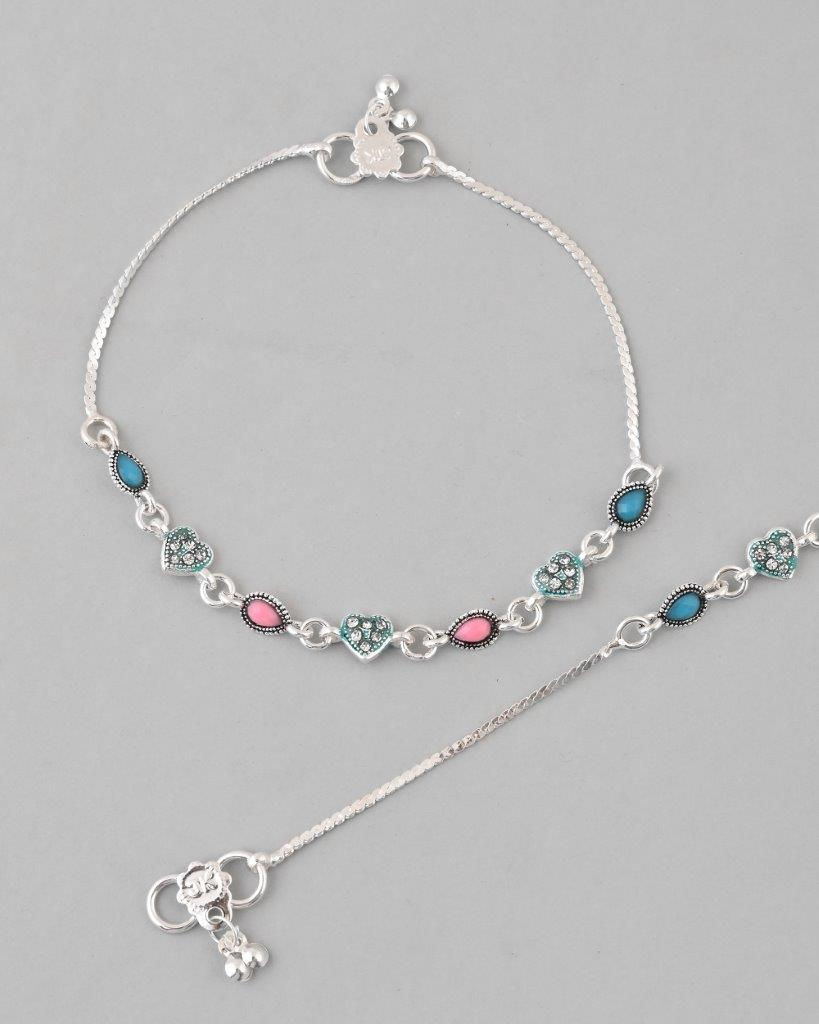 Thumbnail: Set Of 2 Silver Plated Heart Shaped Meenakari Anklet