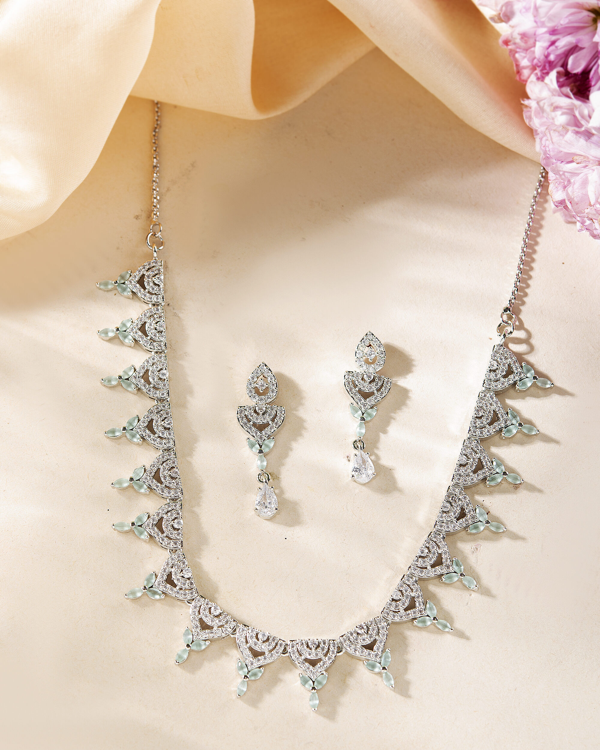 Silver Plated Mint Green Stone AD Necklace And Earrings Set