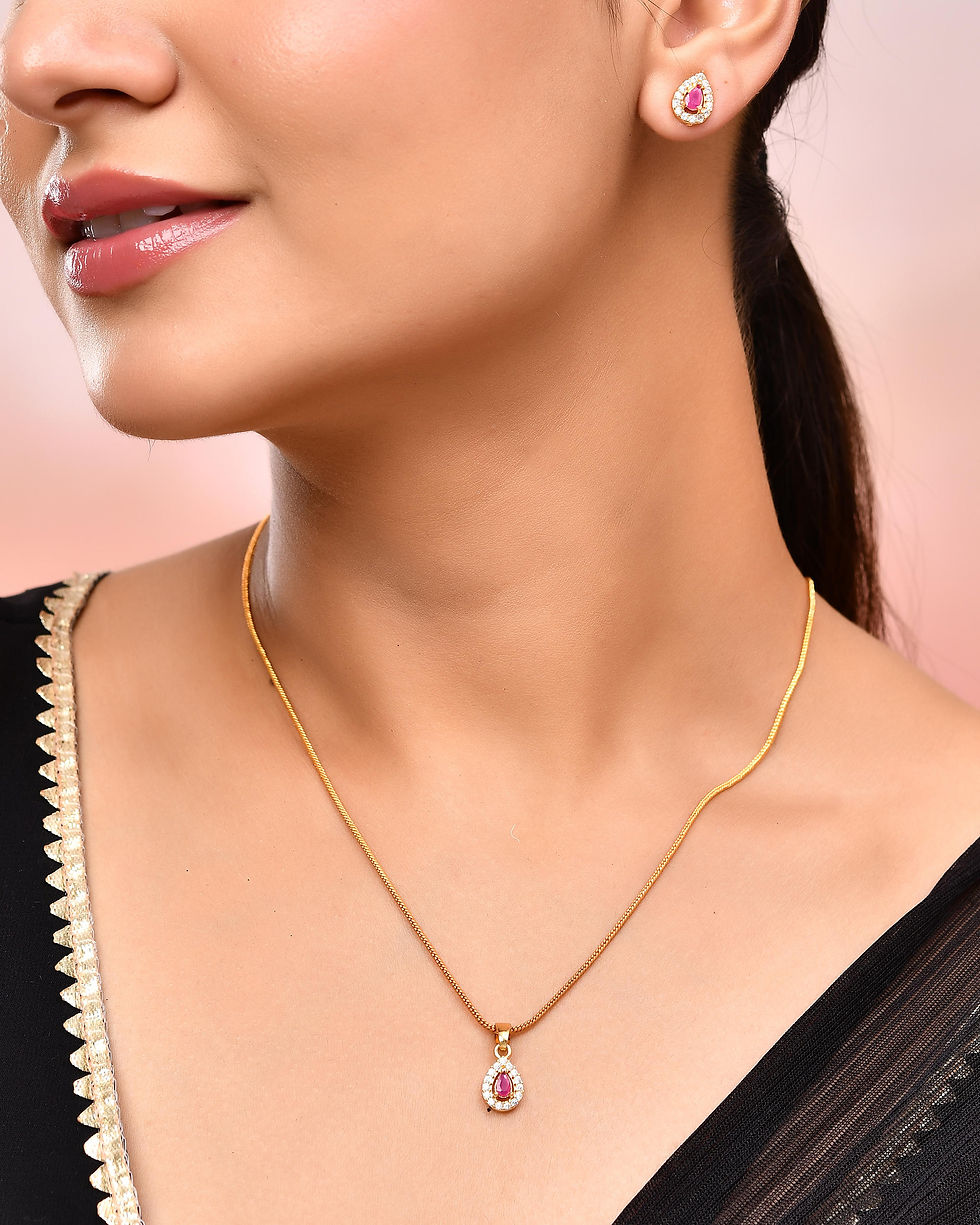 Thumbnail: Gold Plated Tear Drop Shaped Ruby Red Stone Studded Chain Set