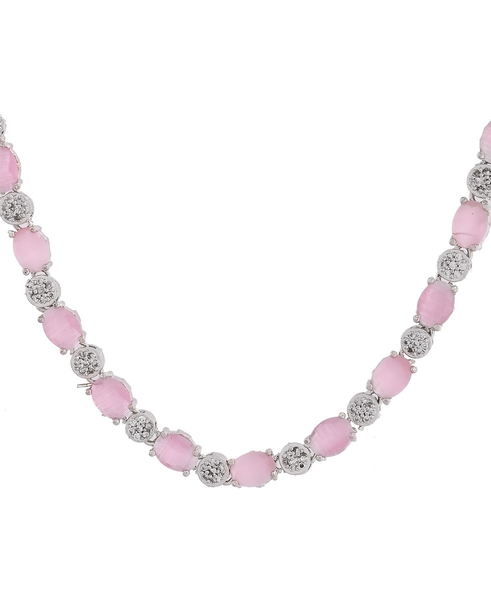 Thumbnail: Silver Plated Baby Pink Stone Studded Necklace With Earrings, Ring And Bracelet