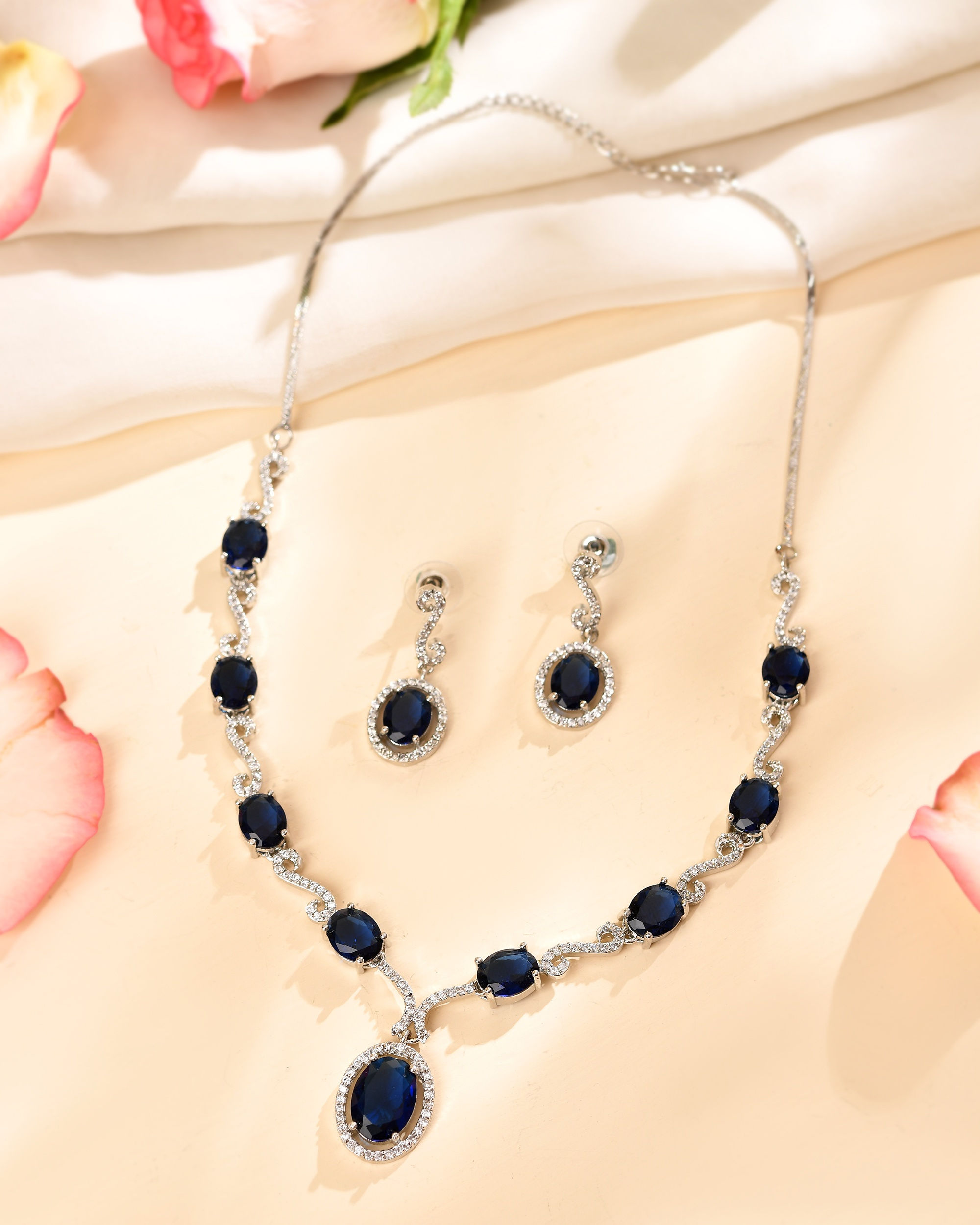 Silver Plated Oval Blue Stone Studded AD Jewellery Set