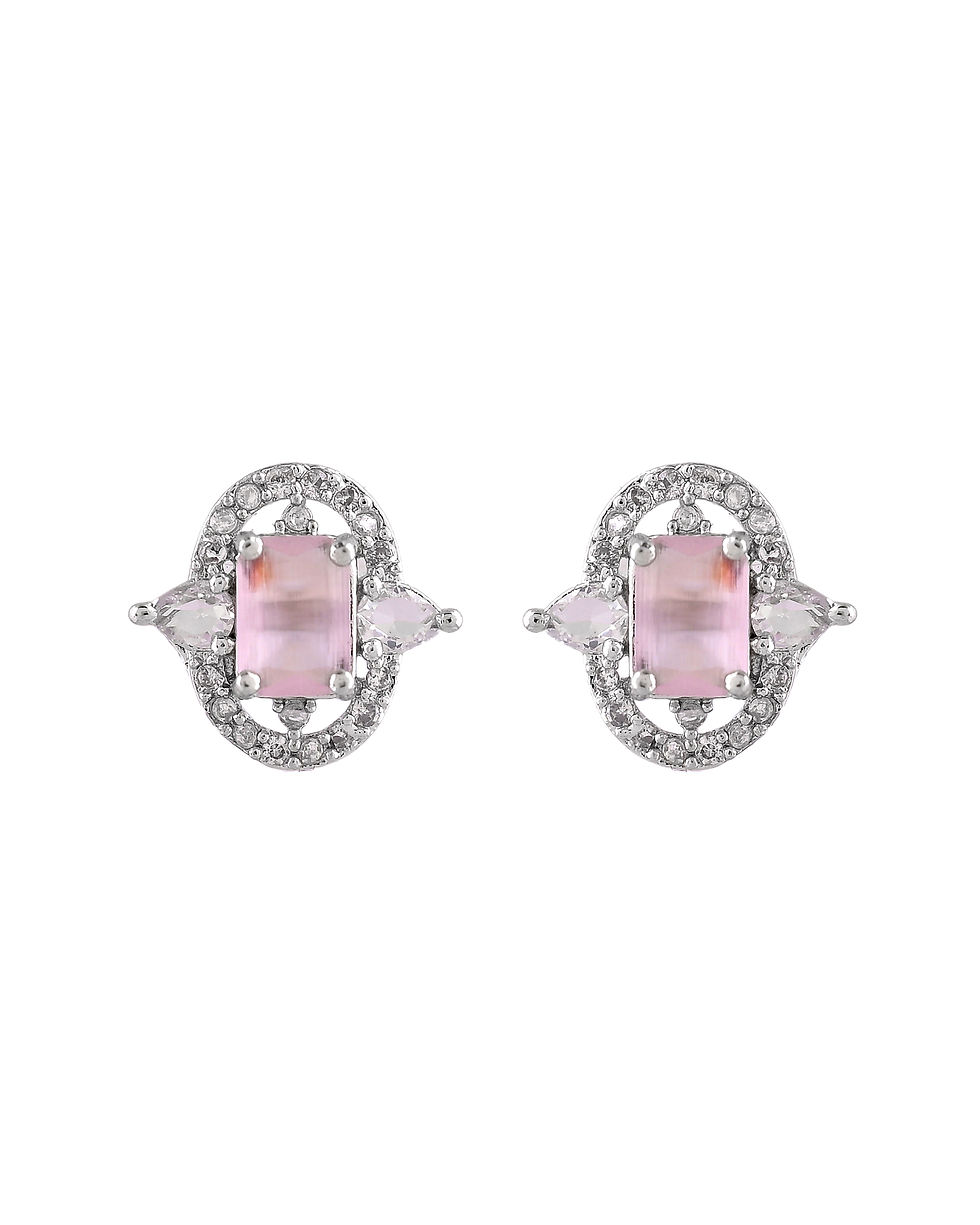 Thumbnail: Silver Plated Baby Pink Rectangulare Shaped AD Chain Set