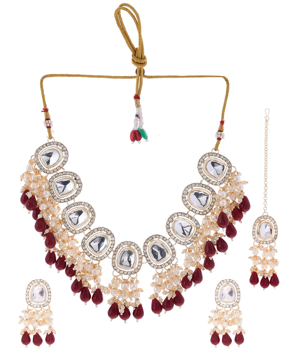 Thumbnail: Kundan Stone And Maroon Beaded Studded Gold Plated Jewellery Set