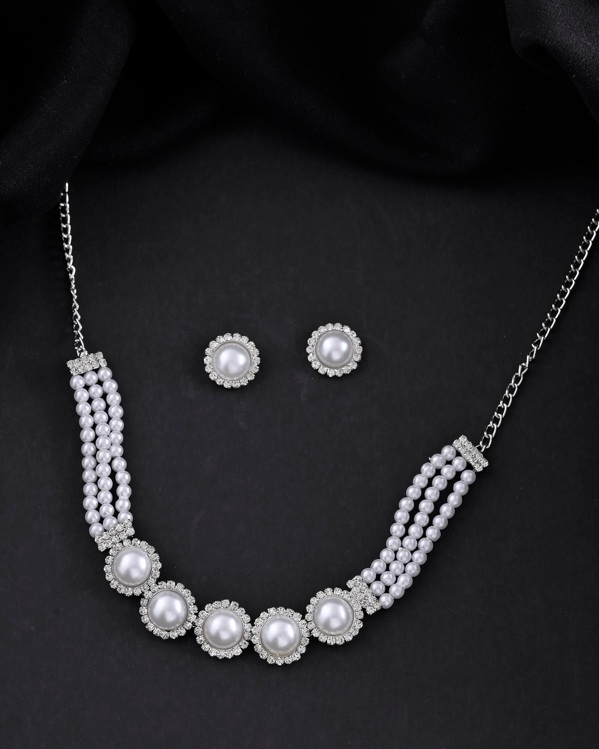 Silver Plated White Pearl And CZ Stone Choker Set