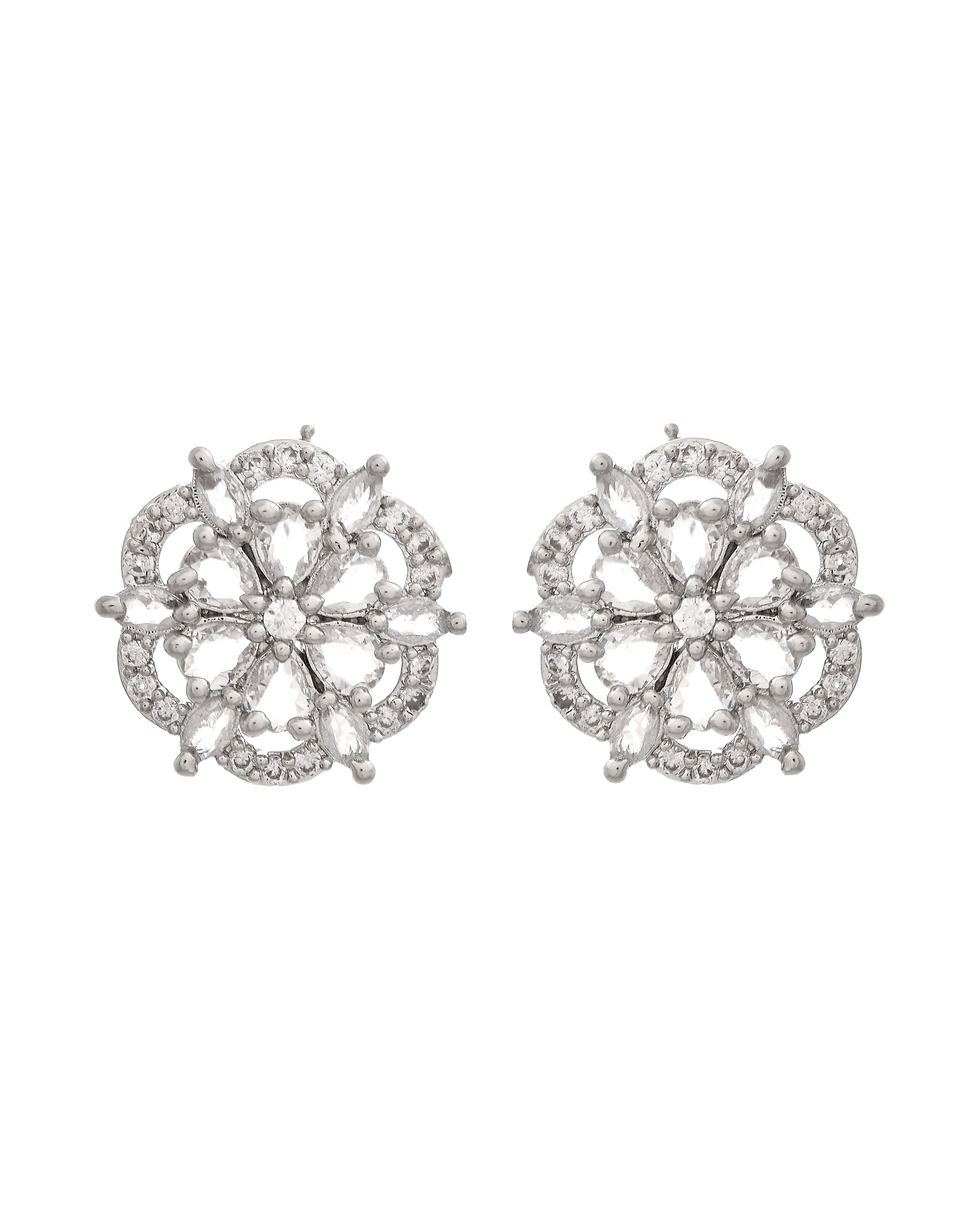 Thumbnail: Silver Plated Floral Shape AD Stone Studded Studs Earrings