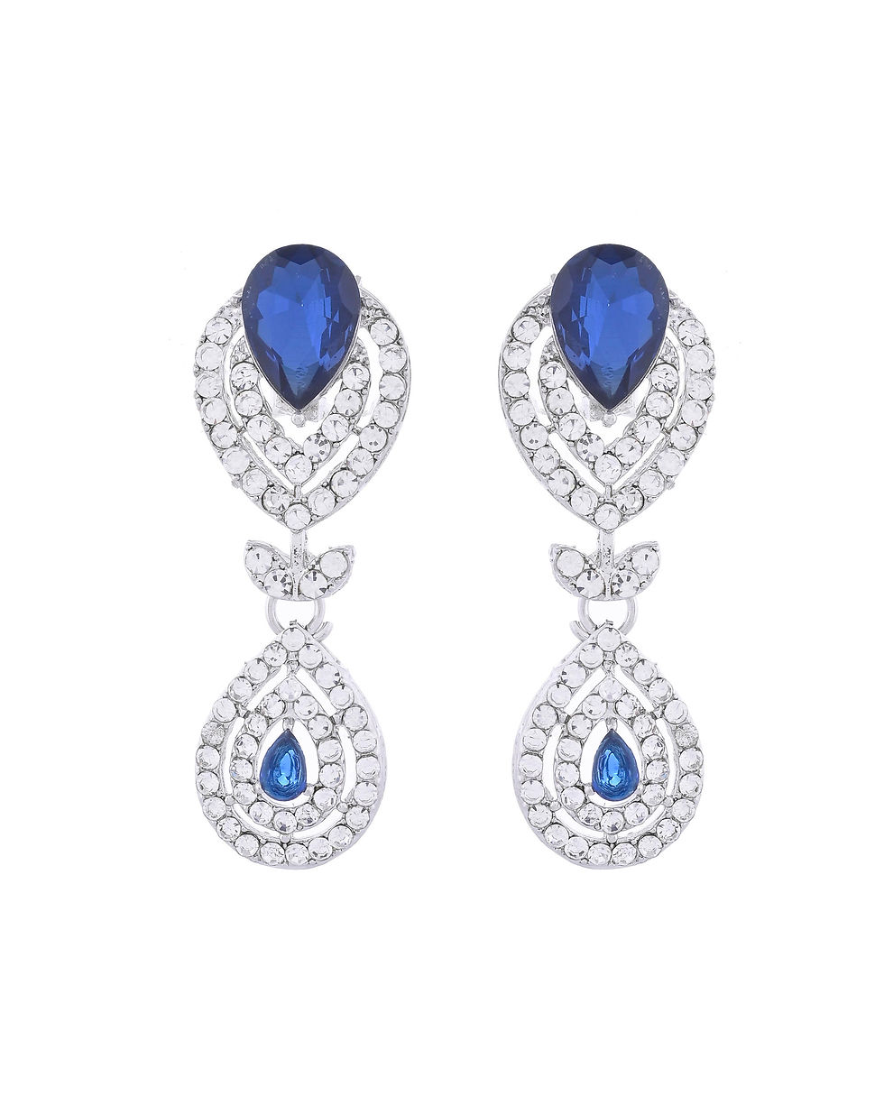 Thumbnail: Silver-Plated Blue AD-Studded Tear Drop Shape Jewellery Set