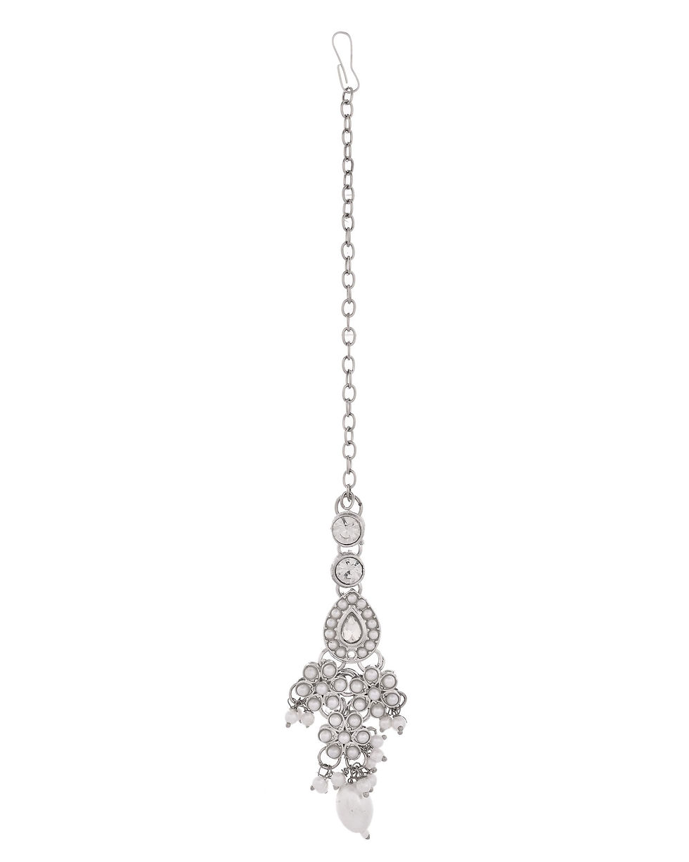 Thumbnail: Silver-Plated CZ Stone And Pearl Necklace With Earrings And Maang Tikka Set