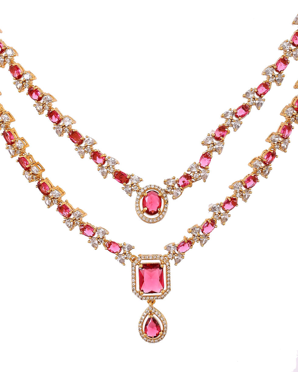 Thumbnail: Gold Plated Dual Layer Ruby Red Stone Studded Jewellery Set