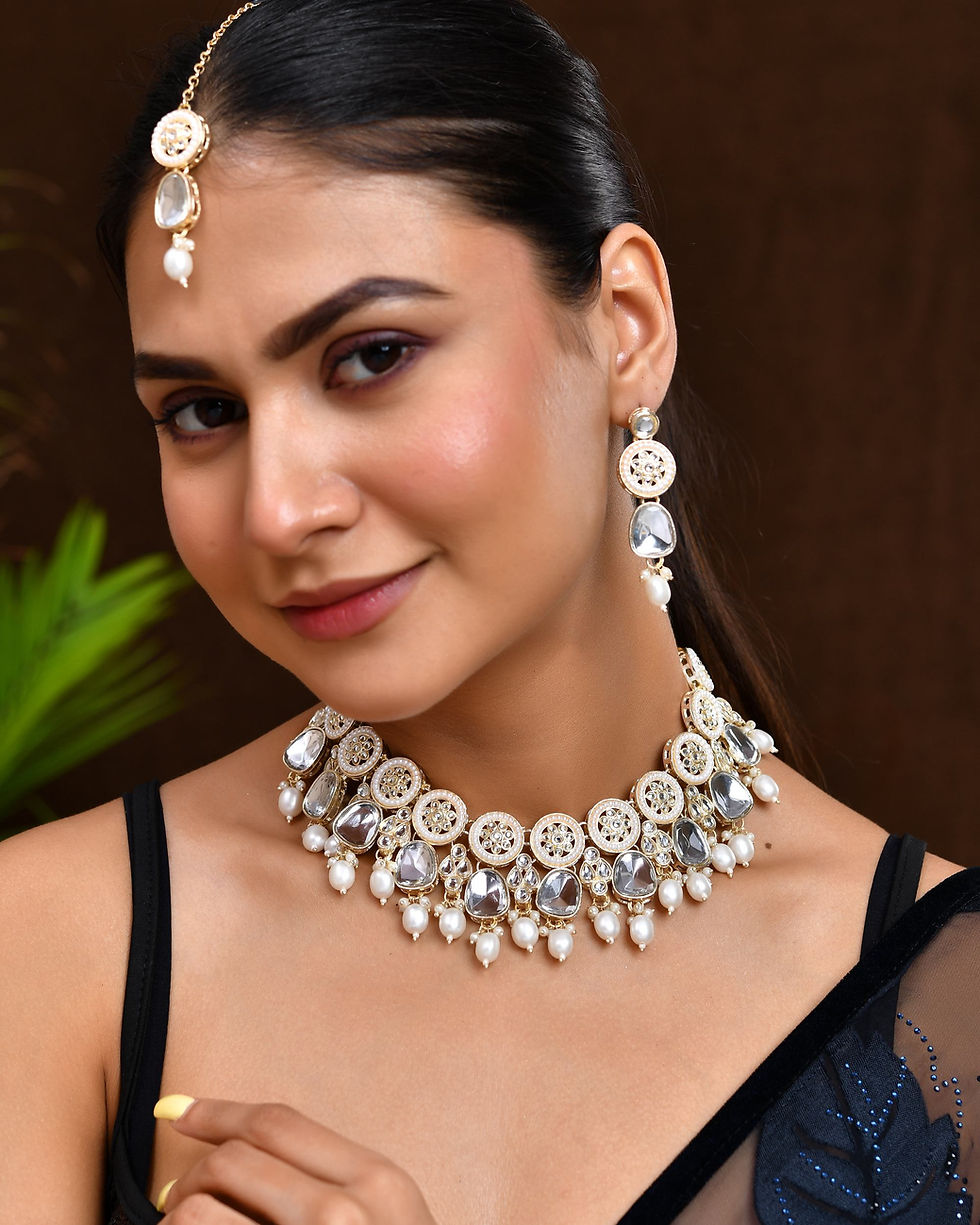 Thumbnail: Gold Plated Artificial Beads And Stone Studded Necklace Set With Maang Tikka