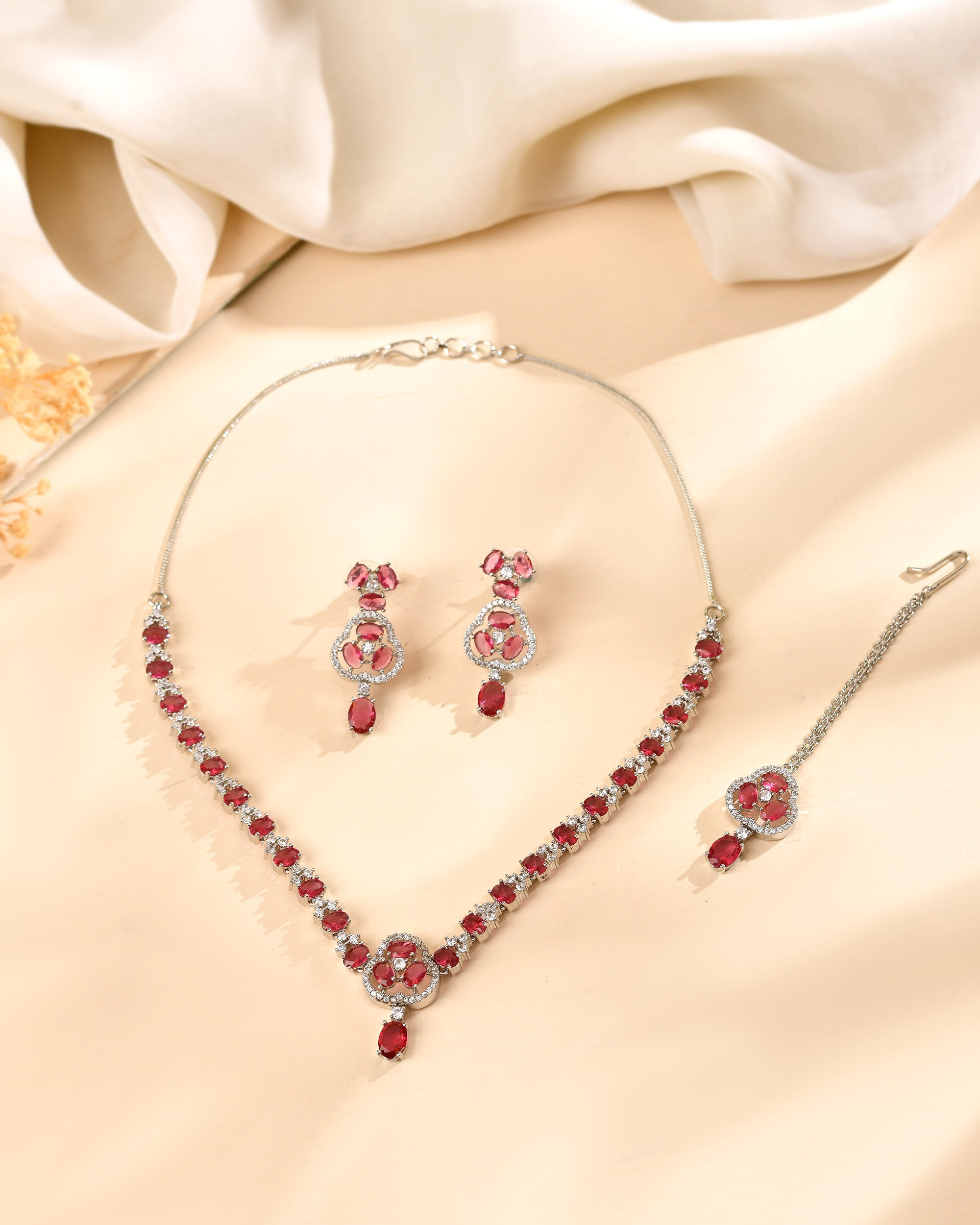Silver Plated Ruby Red Stone Studded AD Jewellery Set With Maang Tikka
