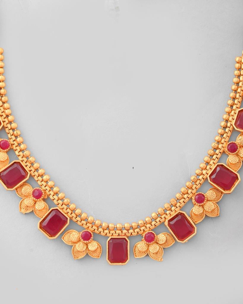 Thumbnail: Gold Plated Traditional Maroon Stone Studded Jewellery Set