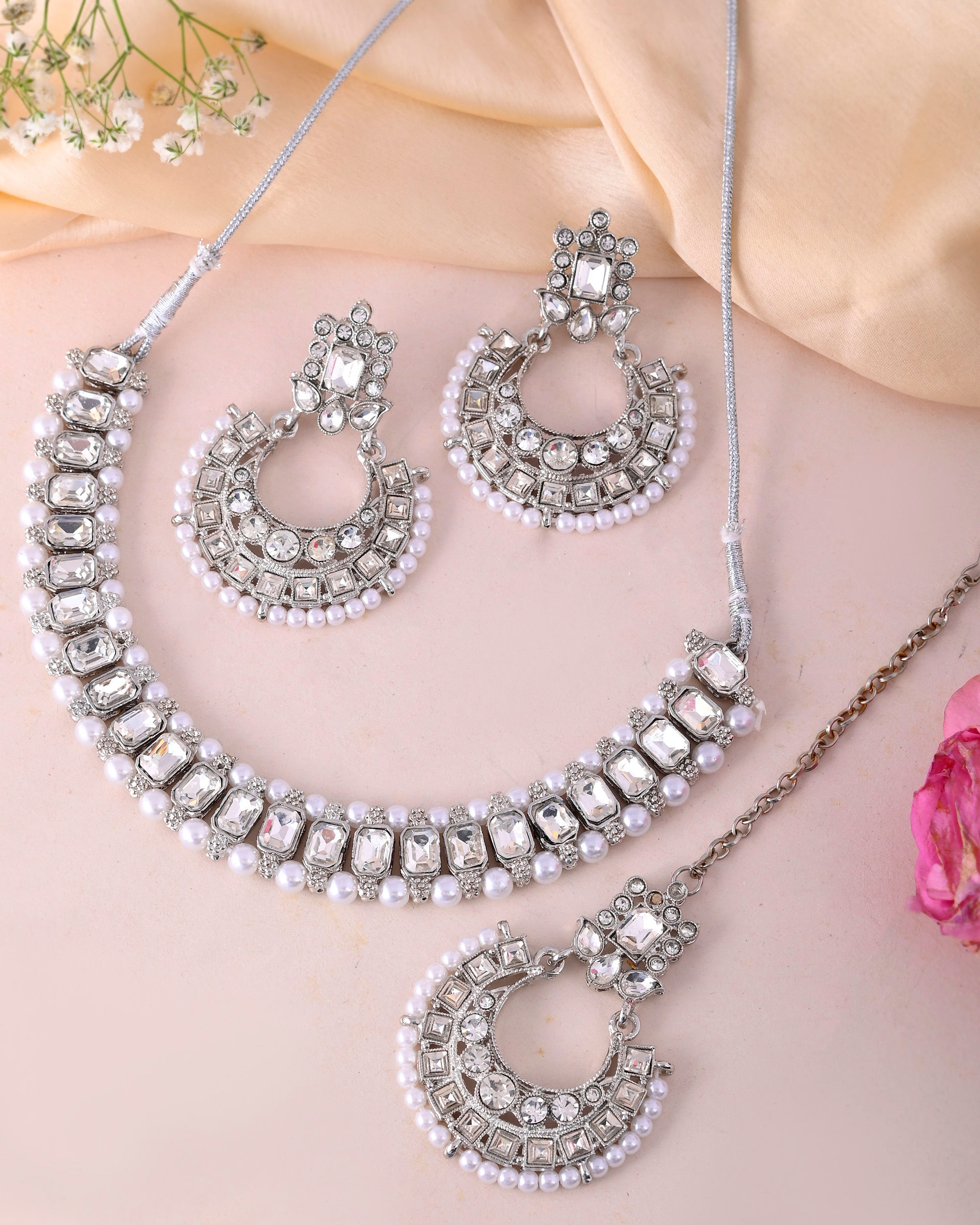 Silver Plated Stone Studded Jewellery Set With Maang Tikka