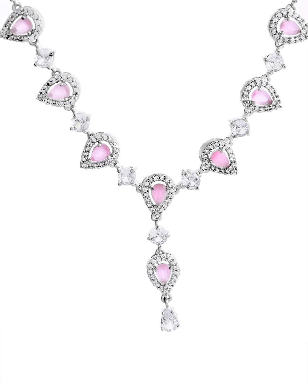 Thumbnail: Silver Plated Baby Pink Stone Tear Drop Shaped AD Jewellery Set