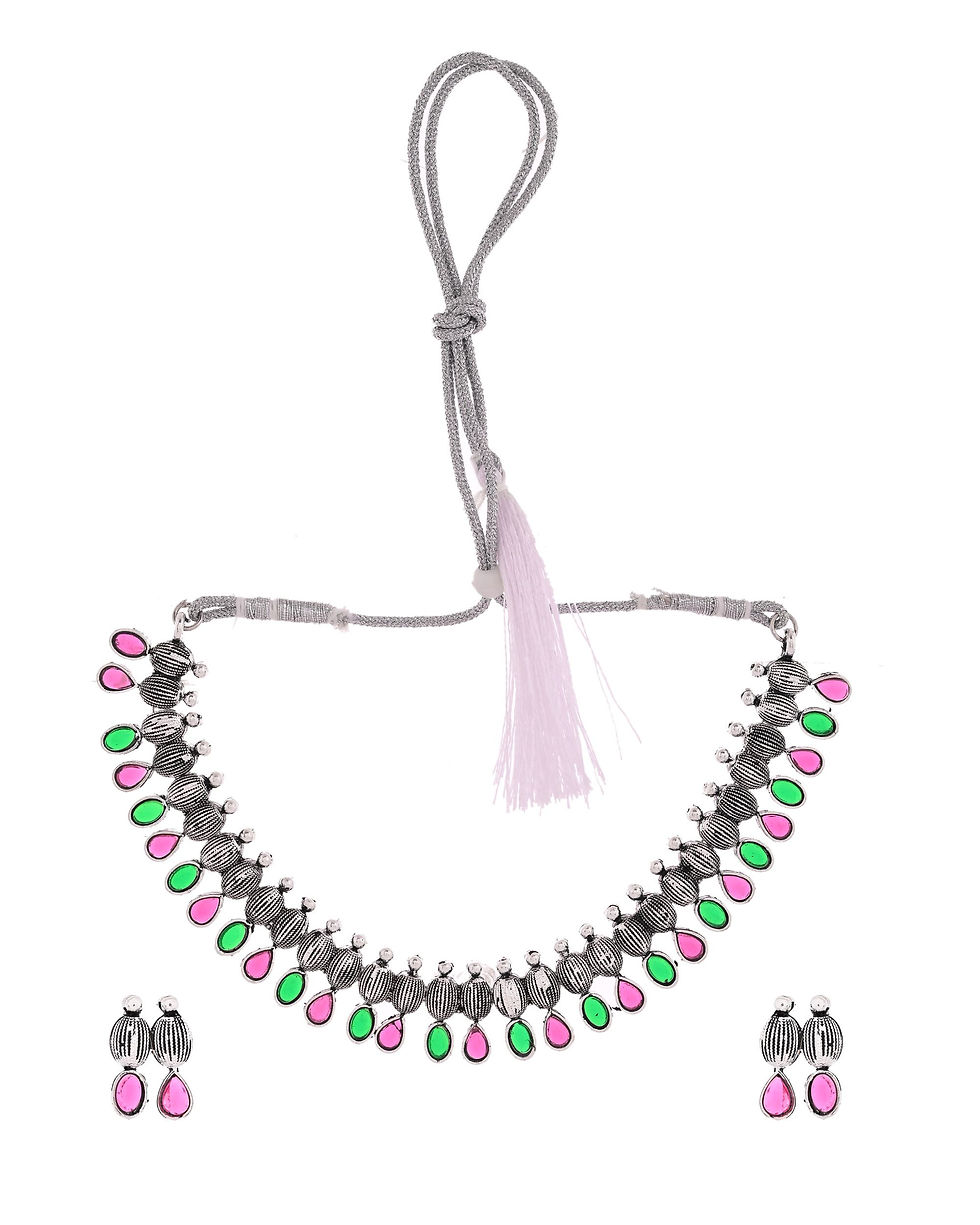 Thumbnail: Oxidized Silver Toned Green And Pink Stone Studded Jewellery Set