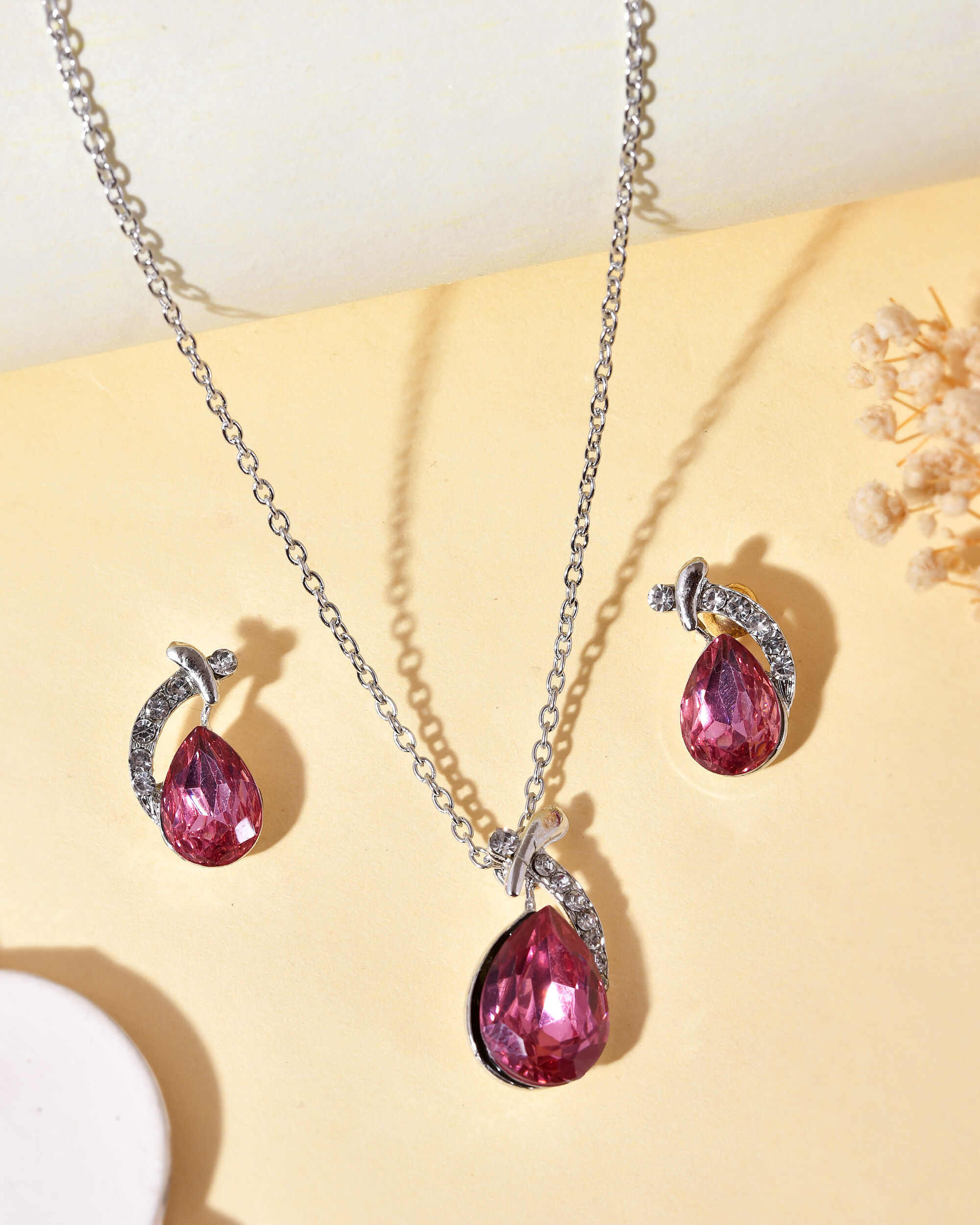 Silver Plated Chan with Pink and White AD stone Studded Pendant and Earrings Set
