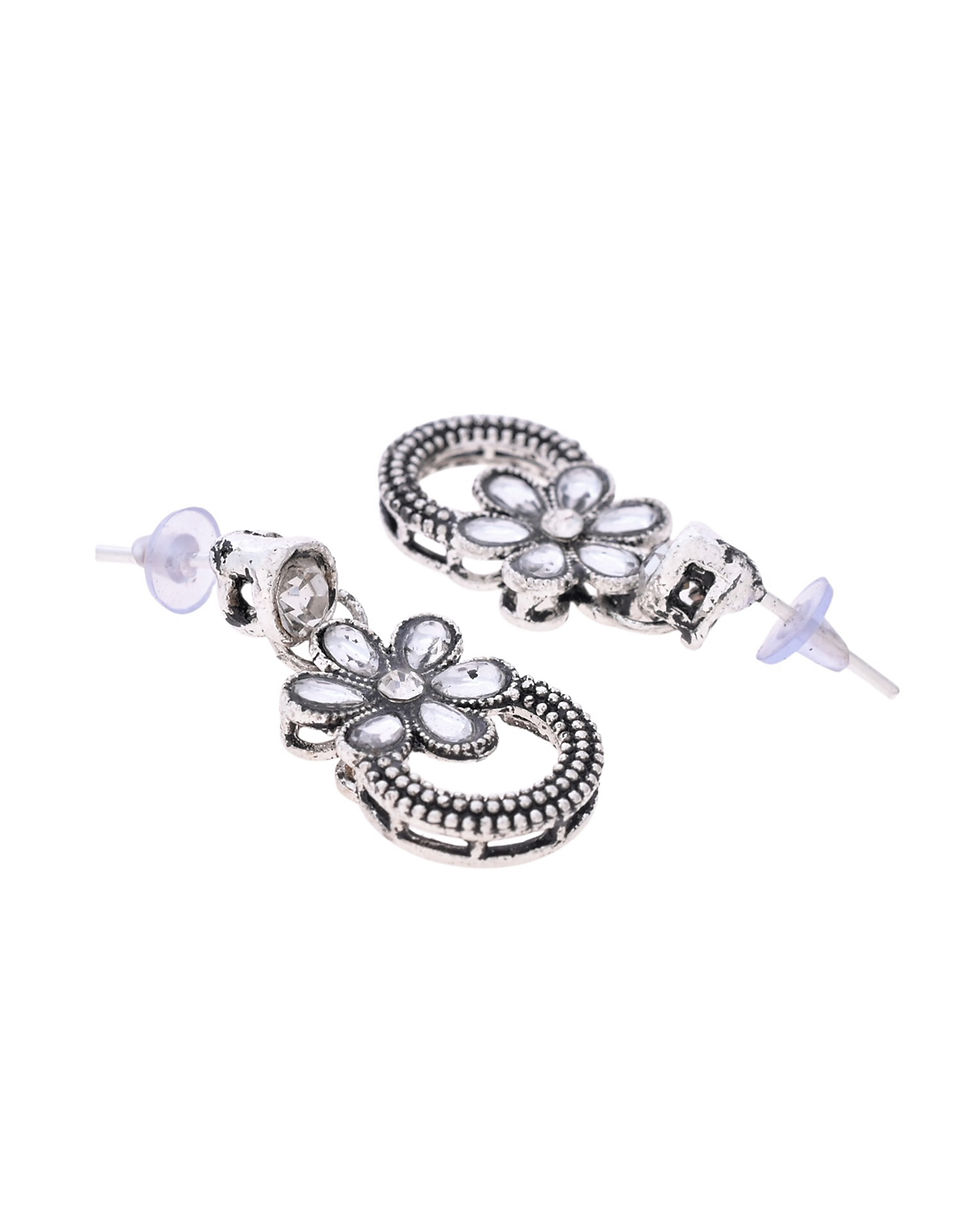 Thumbnail: Oxidized Floral Stone Studded Necklace With Earrings Set