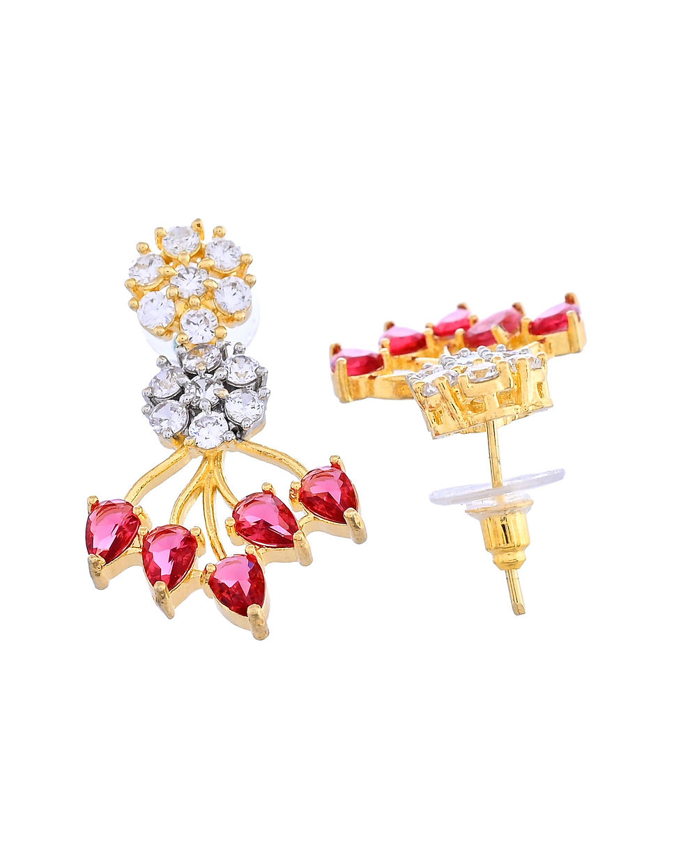 Thumbnail: Gold-Toned AD Stone Studded Floral Necklace & Earrings Set with Red Stone Drops