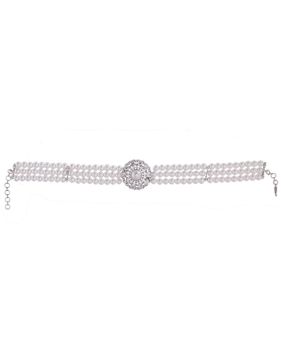 Thumbnail: Silver Plated Pearl And Ad Stone Studded Choker Necklace With Earrings Set