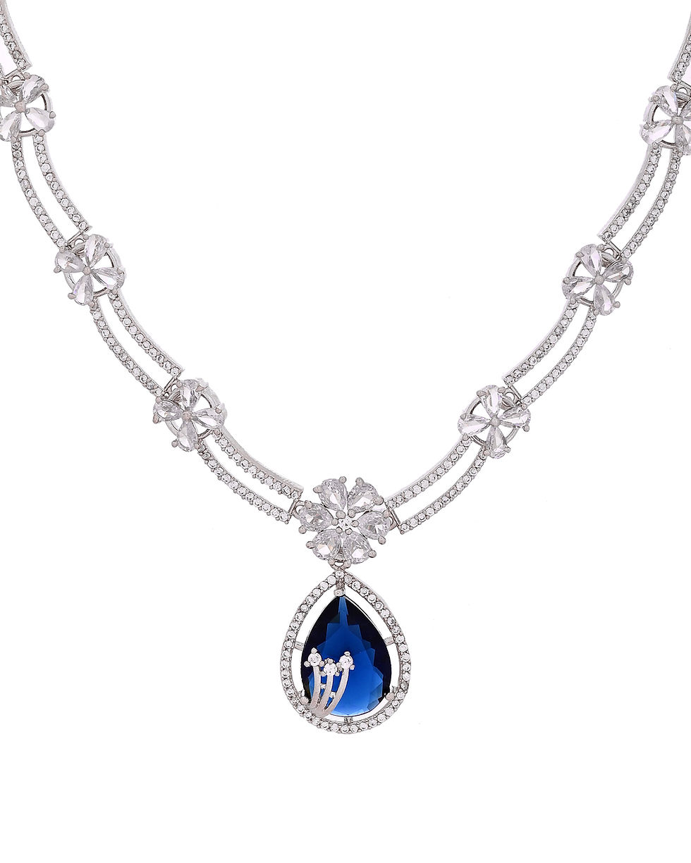 Thumbnail: Silver Plated Blue Tear Drop Shaped Stone And AD Stone Jewellery Set