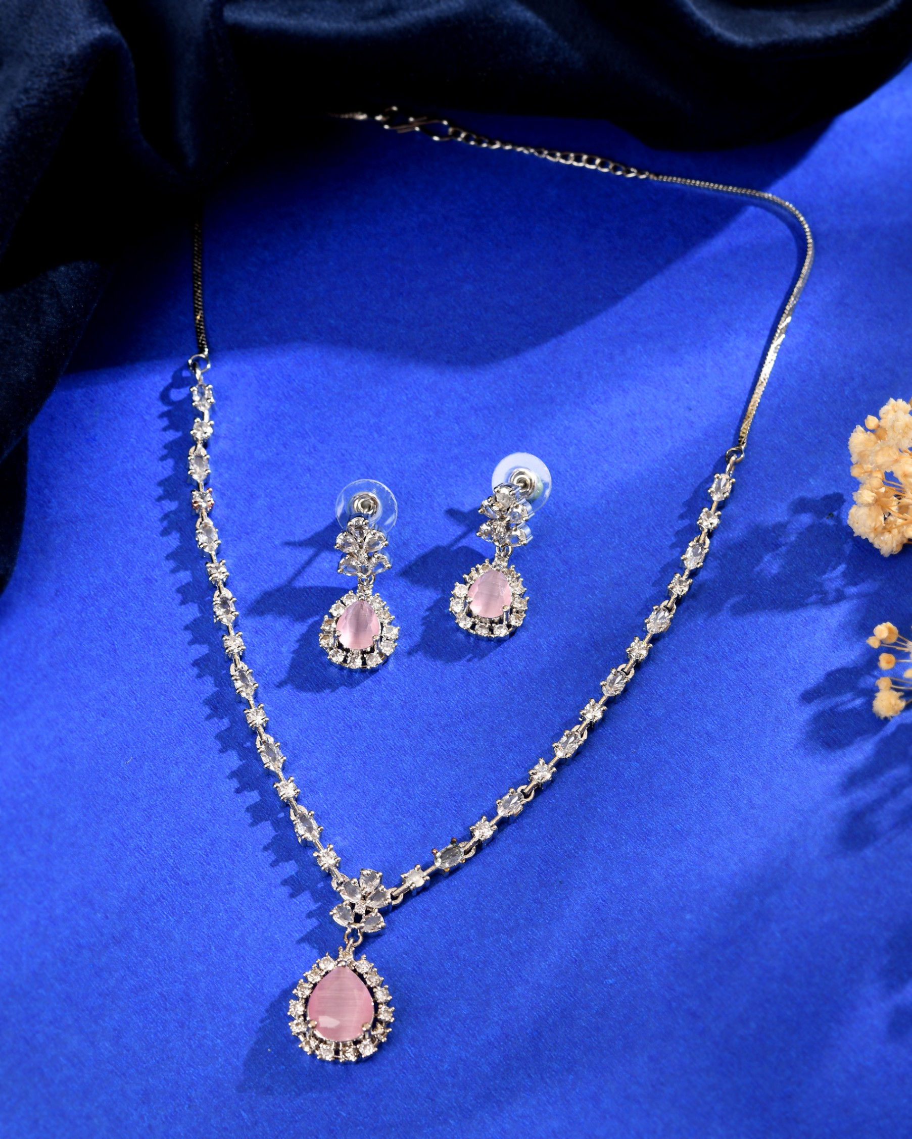 Silver Plated Baby Pink Drop Shaped Stone With AD Stone Simple Jewellery Set