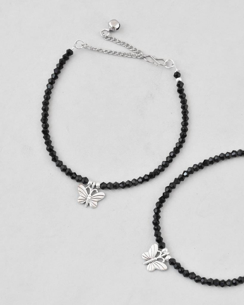 Thumbnail: Set Of 2 Butterfly Black Beads Anklet