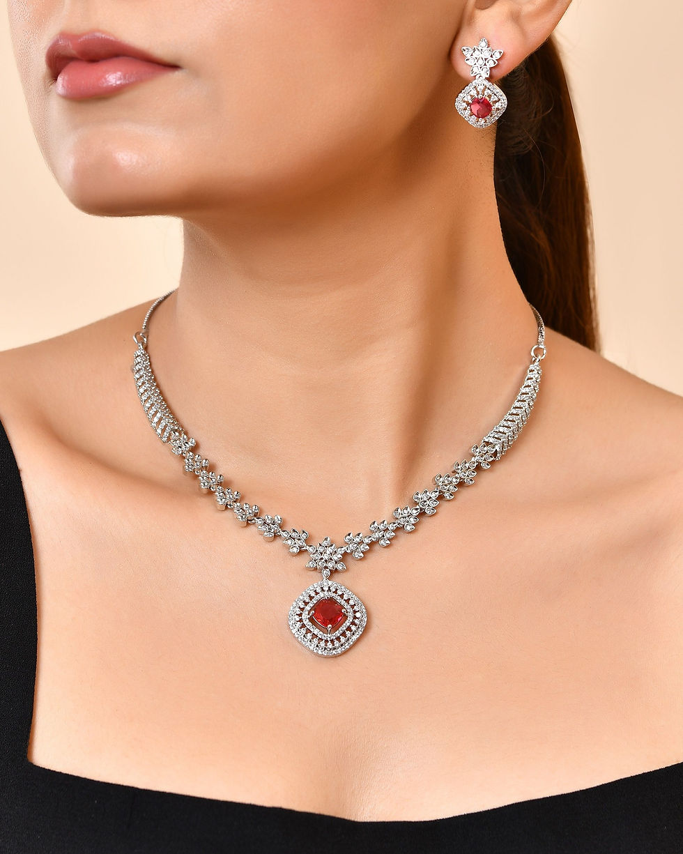 Thumbnail: Silver Plated Ruby Square Stone Studded Jewellery Set