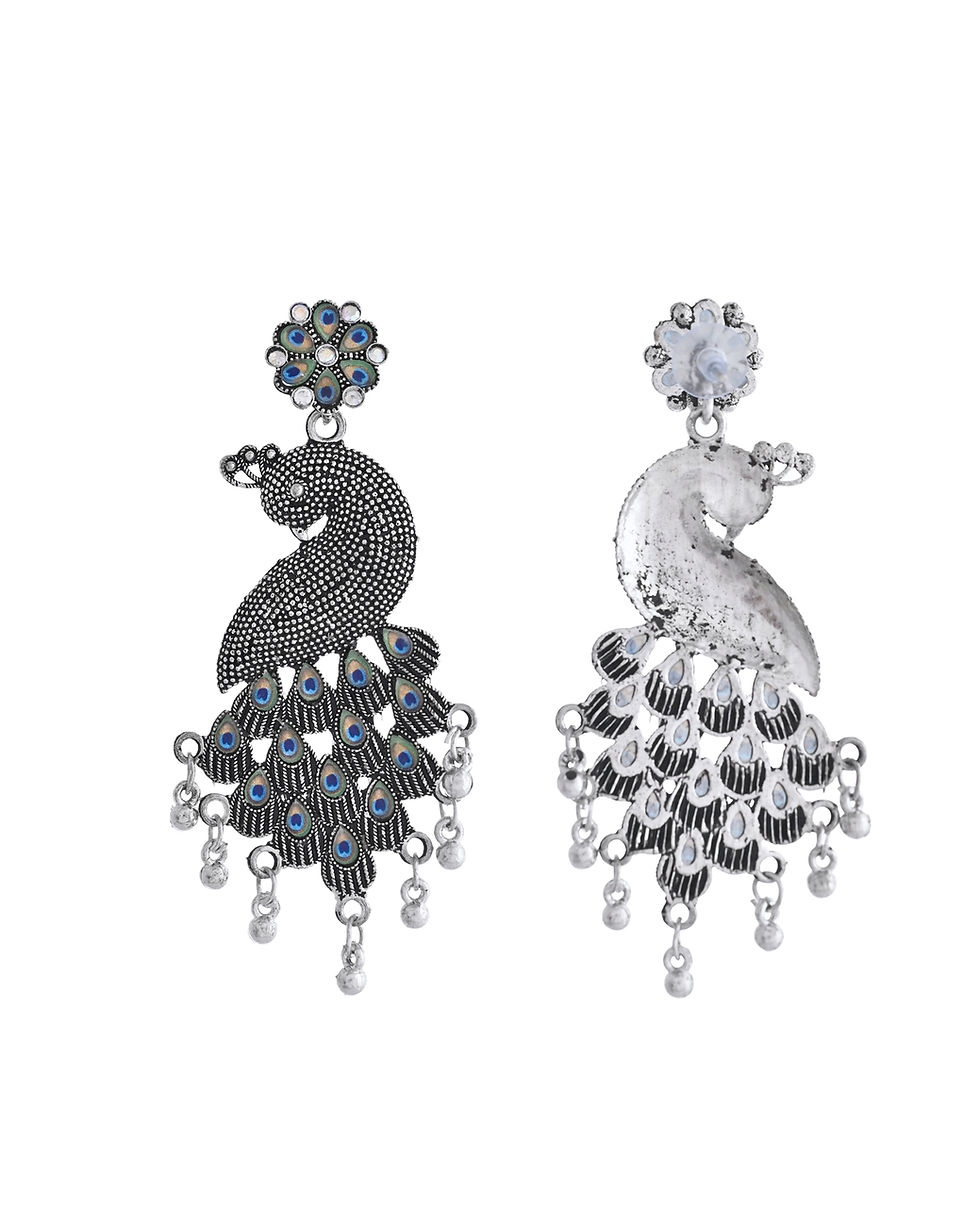 Thumbnail: Silver Plated Oxidized Peacock Shaped Long Earrings