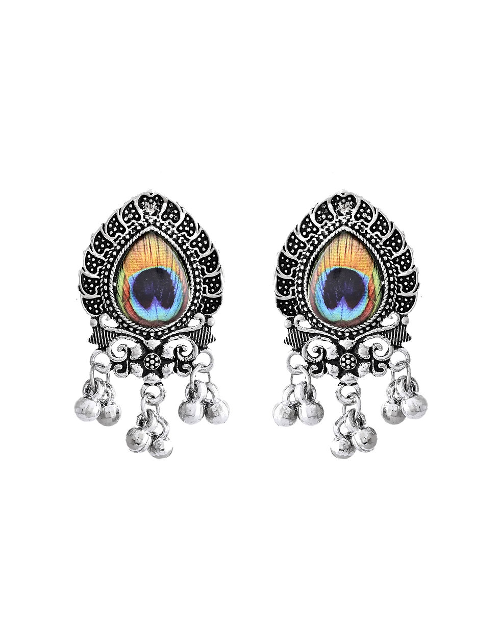 Thumbnail: Silver Toned Peacock Printed Choker Necklace With Earrings Set