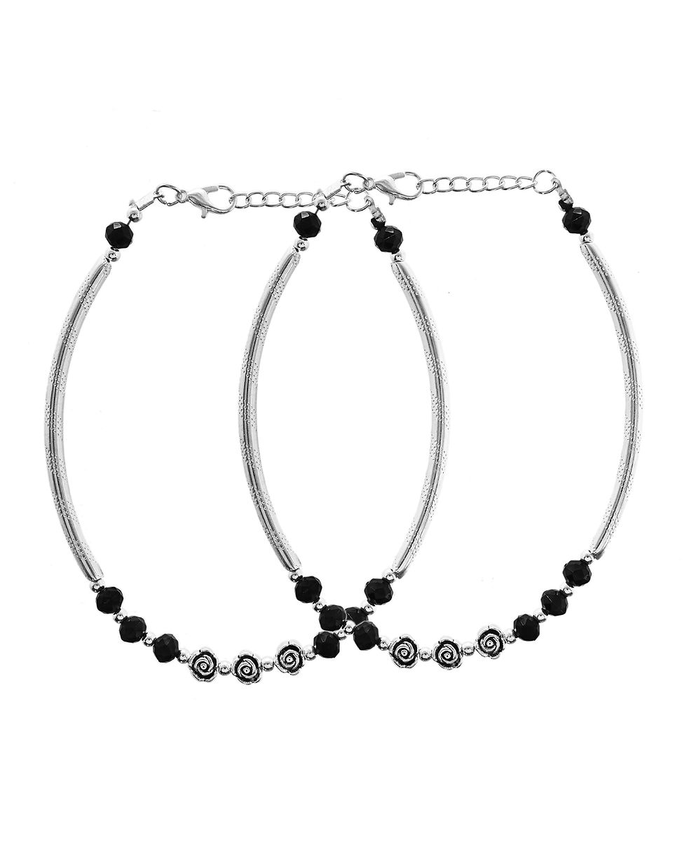 Thumbnail: Set of 2 Silver Plated Black Artificial Beads Studded Anklet