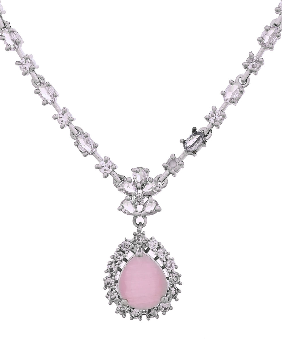 Thumbnail: Silver Plated Baby Pink Drop Shaped Stone With AD Stone Simple Jewellery Set