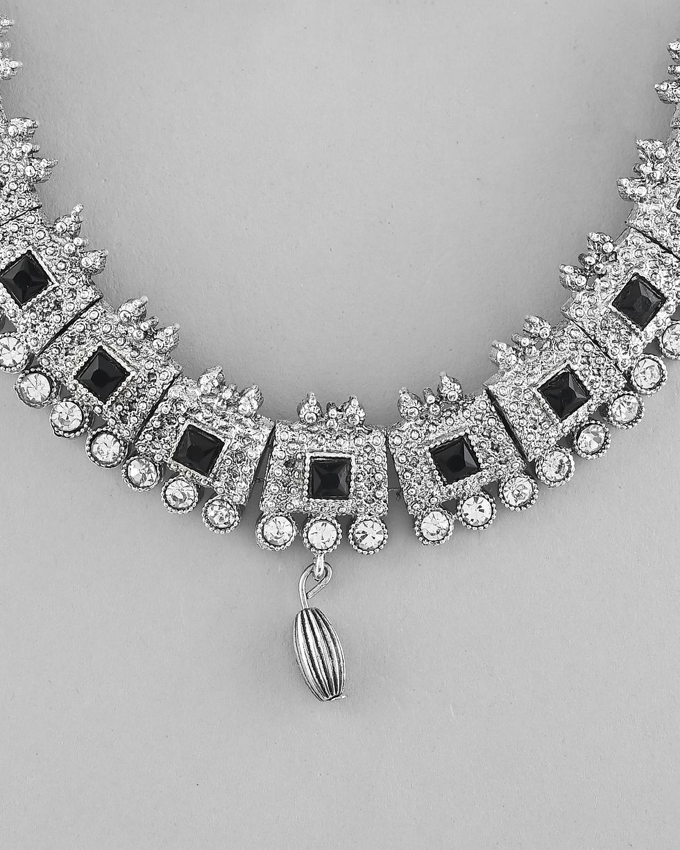 Thumbnail: Silver Plated Black Stone Studded Oxidized Jewellery Set